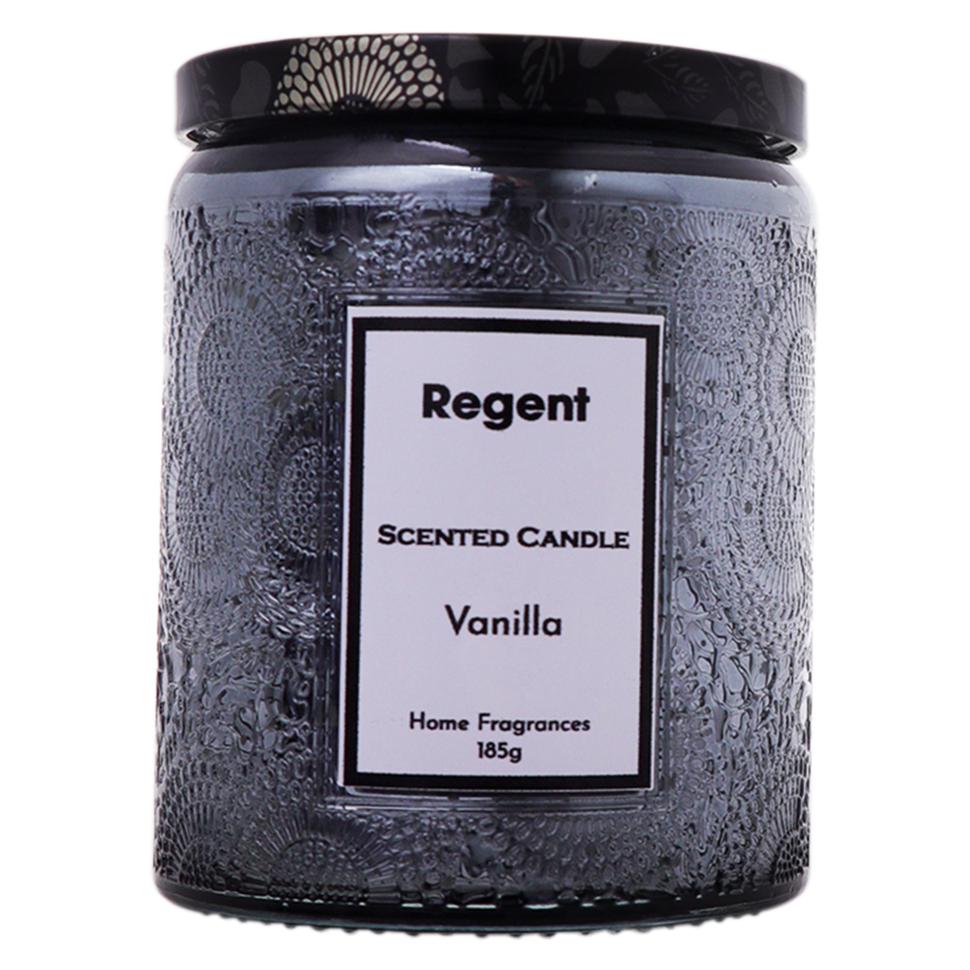 REGENT SCENTED CANDLES VANILLA IN EMBOSSED GLASS JARS, ASST. COLOURS, 185G