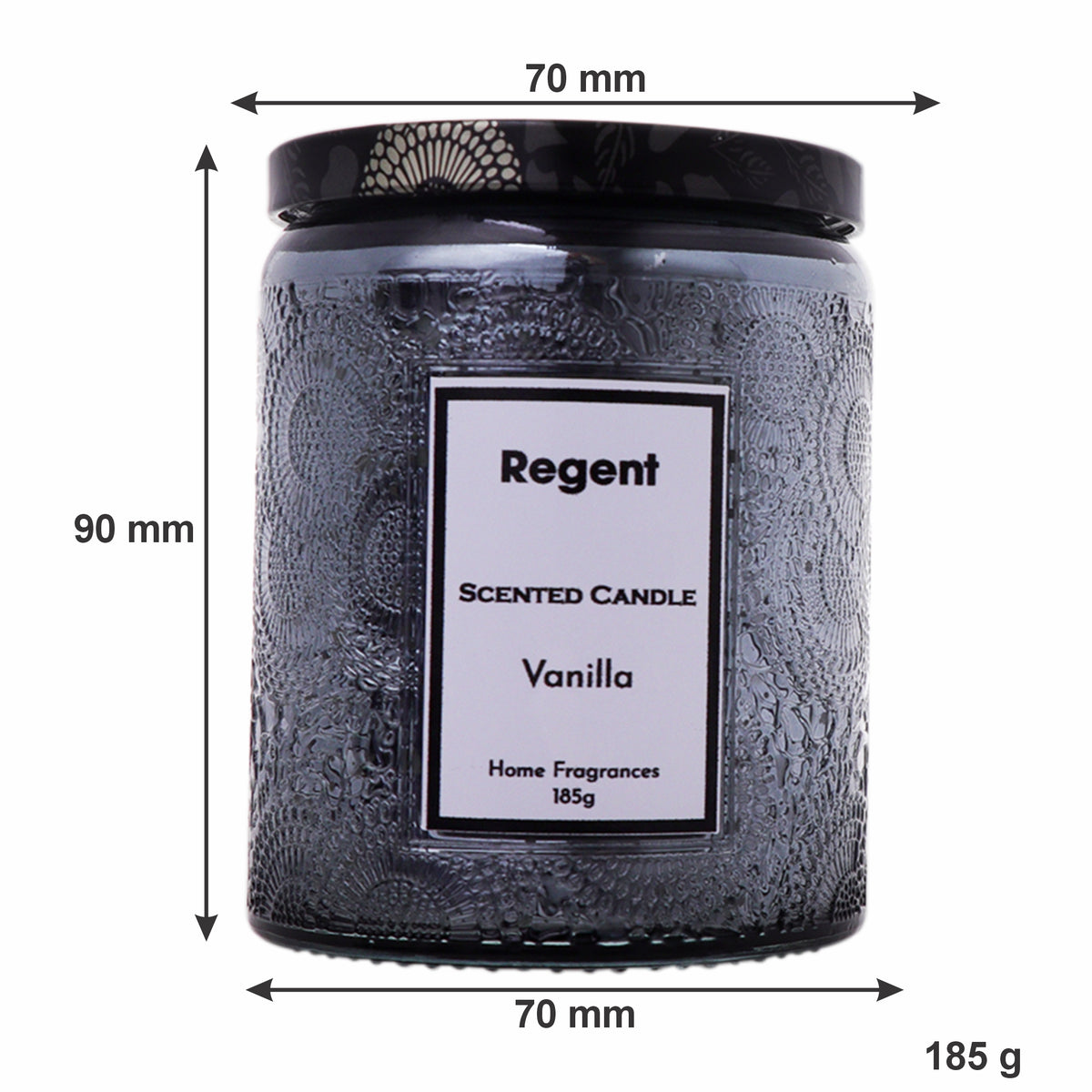 REGENT SCENTED CANDLES VANILLA IN EMBOSSED GLASS JARS, ASST. COLOURS, 185G