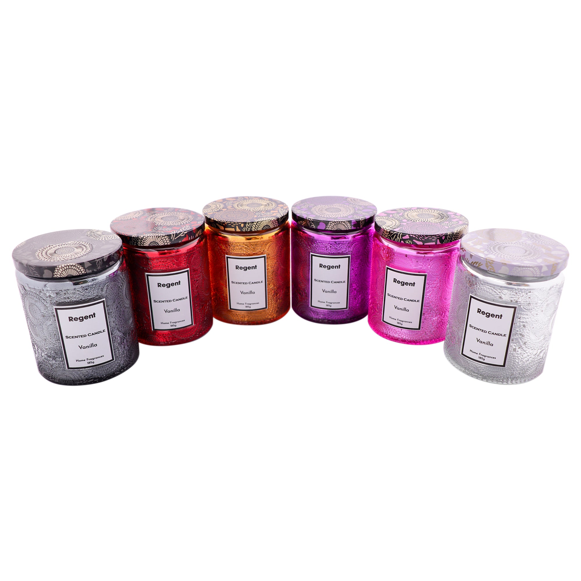 REGENT SCENTED CANDLES VANILLA IN EMBOSSED GLASS JARS, ASST. COLOURS, 185G