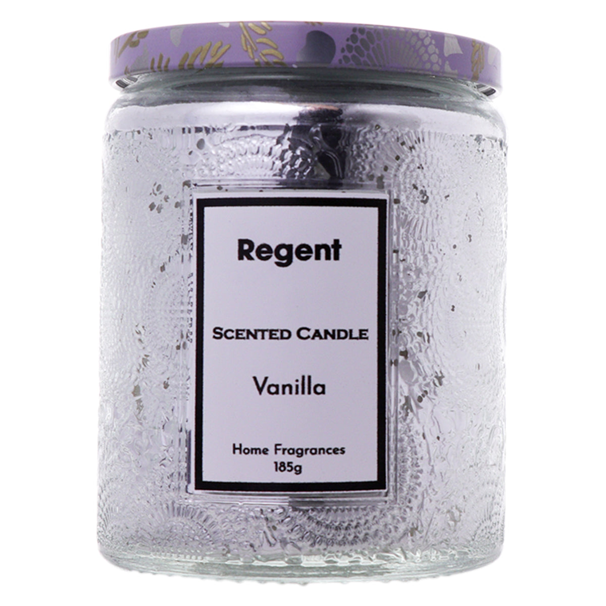 REGENT SCENTED CANDLES VANILLA IN EMBOSSED GLASS JARS, ASST. COLOURS, 185G