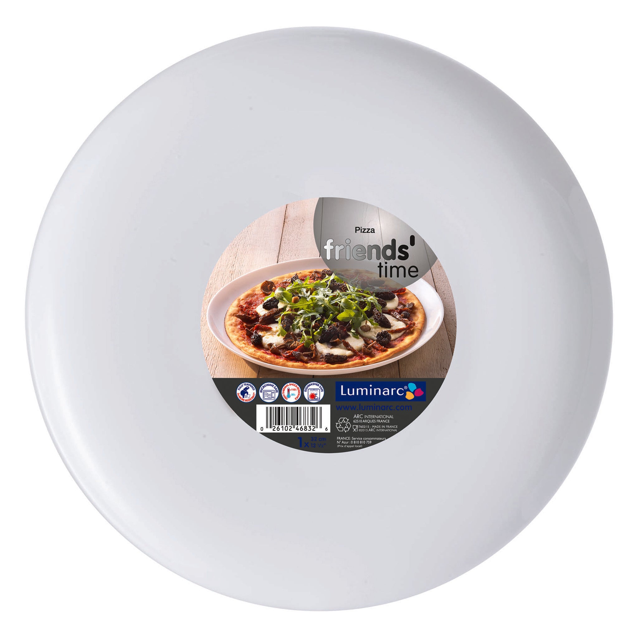 LUMINARC OPAL FRIENDS TIME TEMPERED WHITE PIZZA PLATE, 320MM DIA