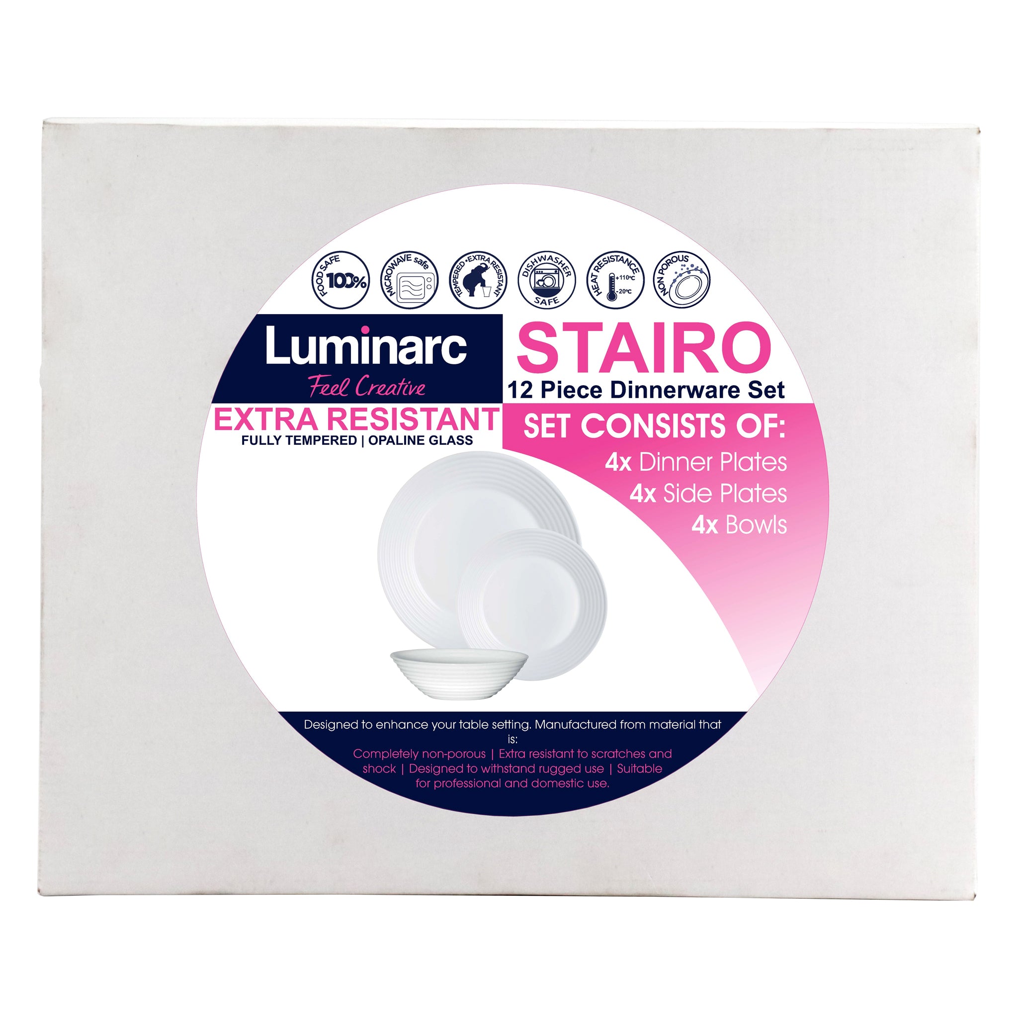 LUMINARC STAIRO WHITE OPAL DINNERWARE 12PCS SET