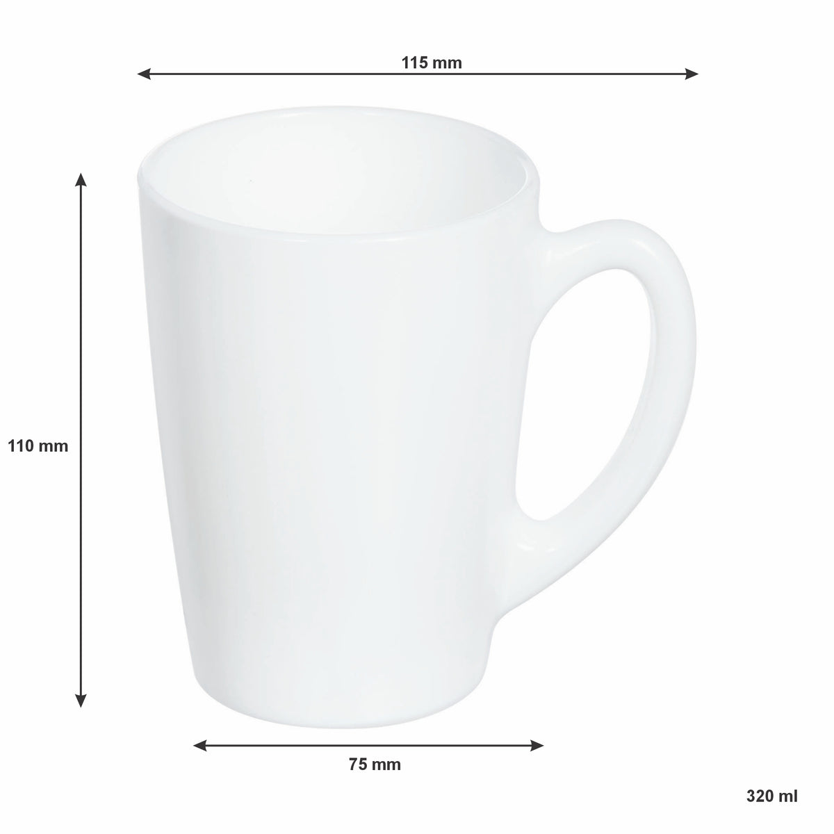 LUMINARC WHITE OPAL GLASS BULLET SHAPE COFFEE MUGS 4PK, 320ML