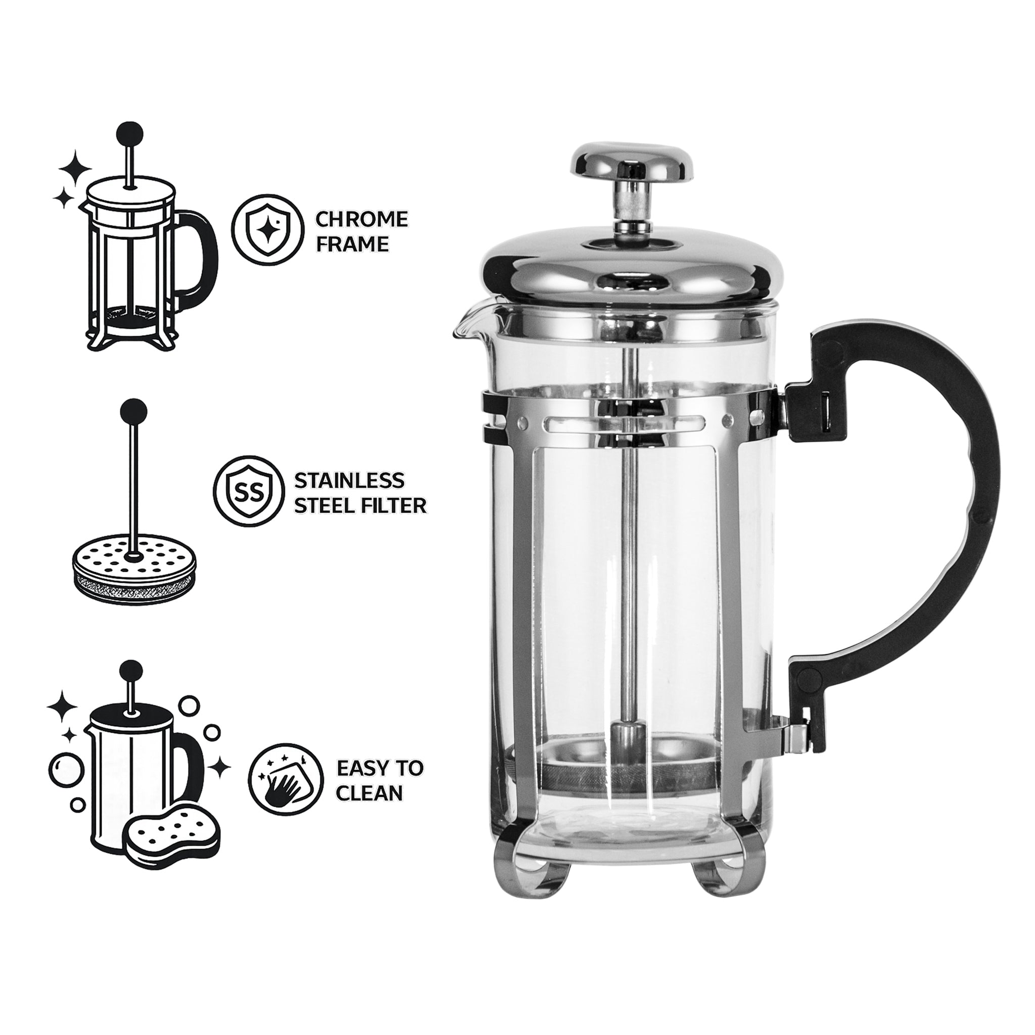 REGENT COFFEE PLUNGER 6 CUP WITH CHROME FRAME, 600ML