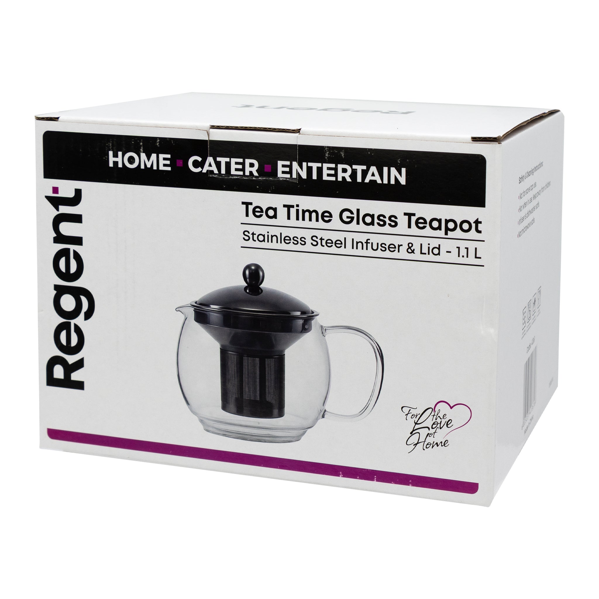 REGENT 'TEA TIME' BOROSILICATE GLASS TEAPOT WITH ST. STEEL INFUSER & LID, 1.1L
