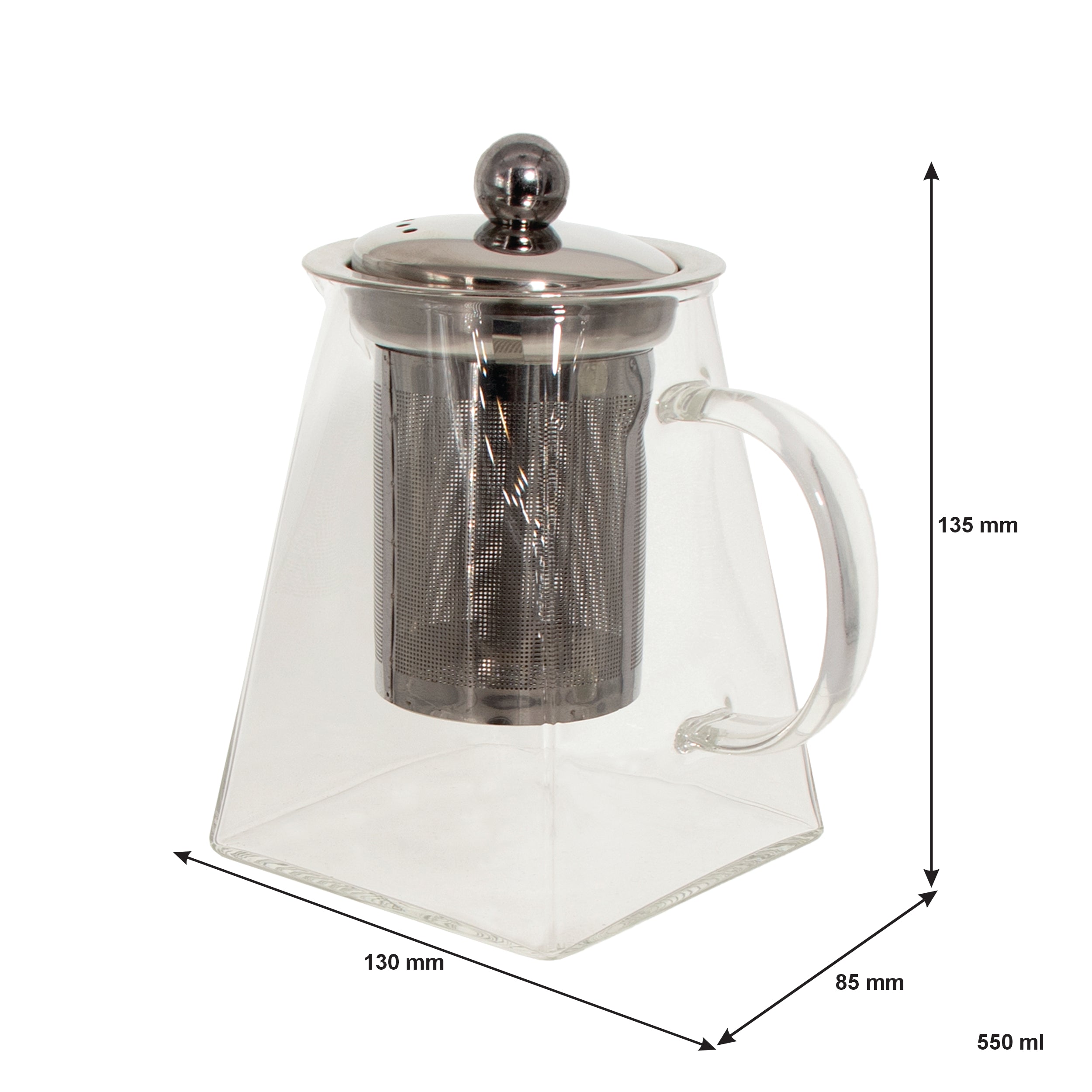REGENT SQUARE TEAPOT BOROSILICATE GLASS WITH ST. STEEL INFUSER AND LID, 550ML