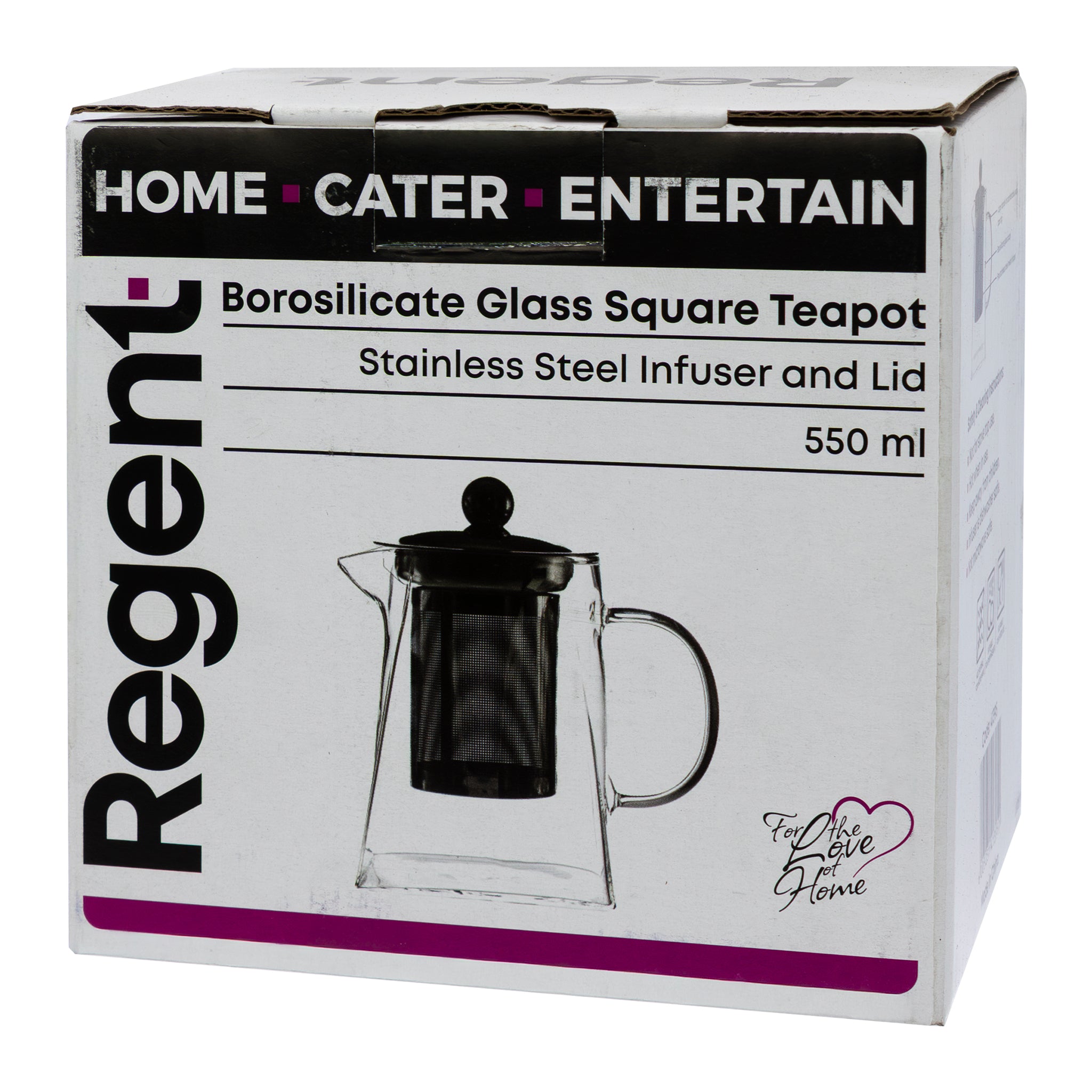 REGENT SQUARE TEAPOT BOROSILICATE GLASS WITH ST. STEEL INFUSER AND LID, 550ML