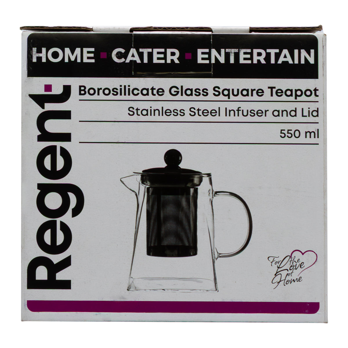 REGENT SQUARE TEAPOT BOROSILICATE GLASS WITH ST. STEEL INFUSER AND LID, 550ML