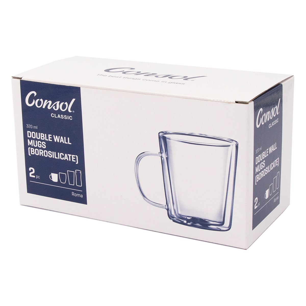 CONSOL ROMA DOUBLE WALL BOROSILICATE GLASS TEA/COFFEE MUG 2PK, 320ML