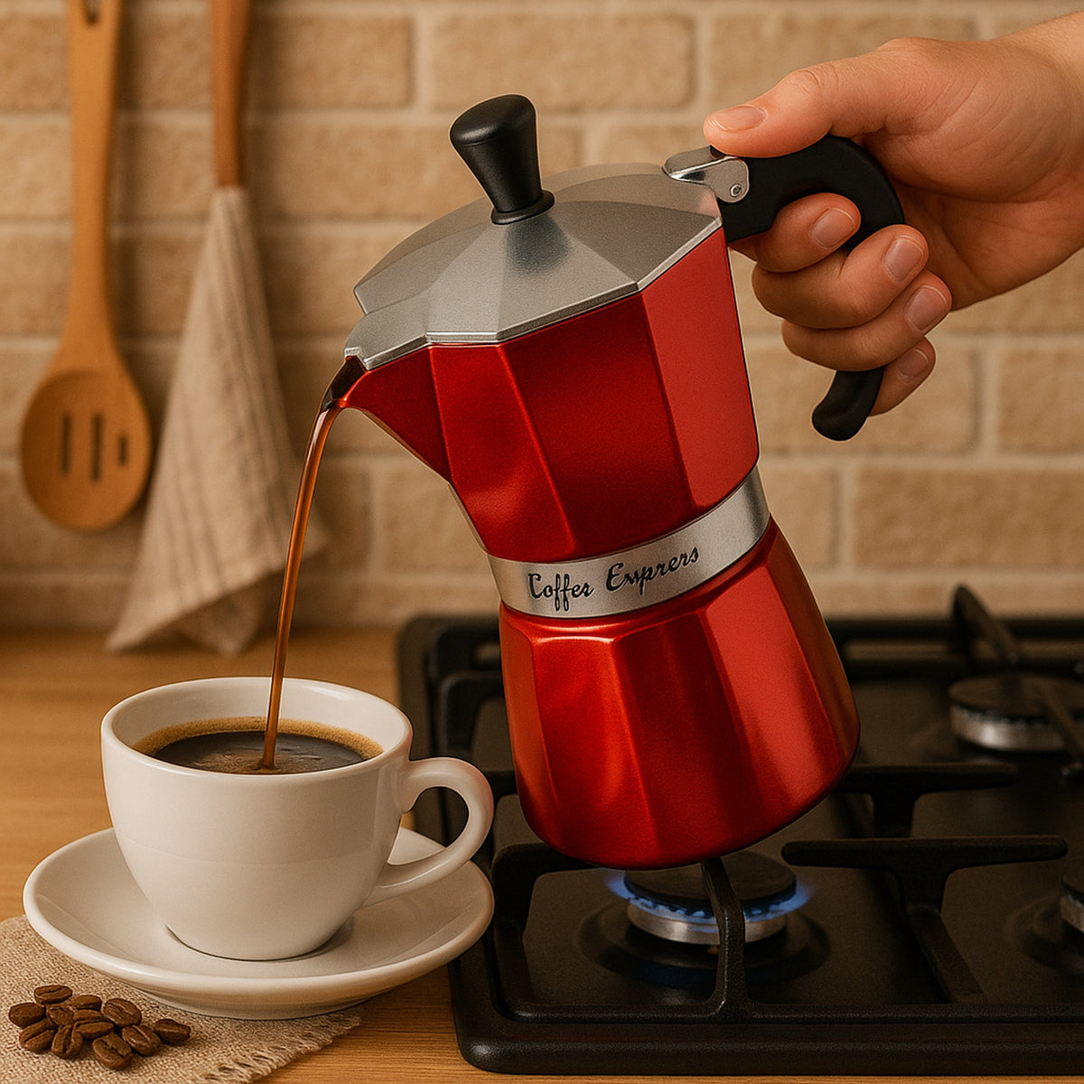 REGENT COFFEE MAKER ALUMINIUM 2 TONE RED & SILVER 6 CUP, (275ML)