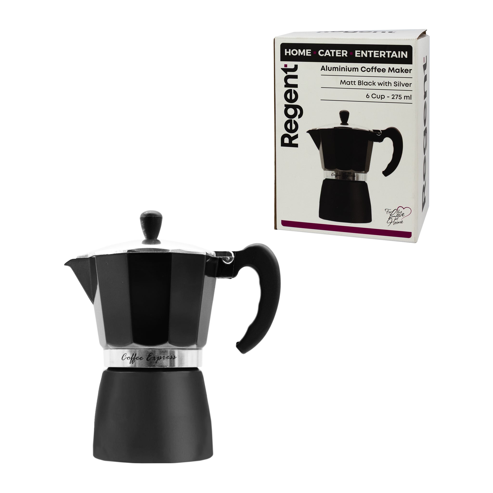 REGENT COFFEE MAKER ALUMINIUM 2 TONE MATT BLACK WITH SILVER 6 CUP, 275ML
