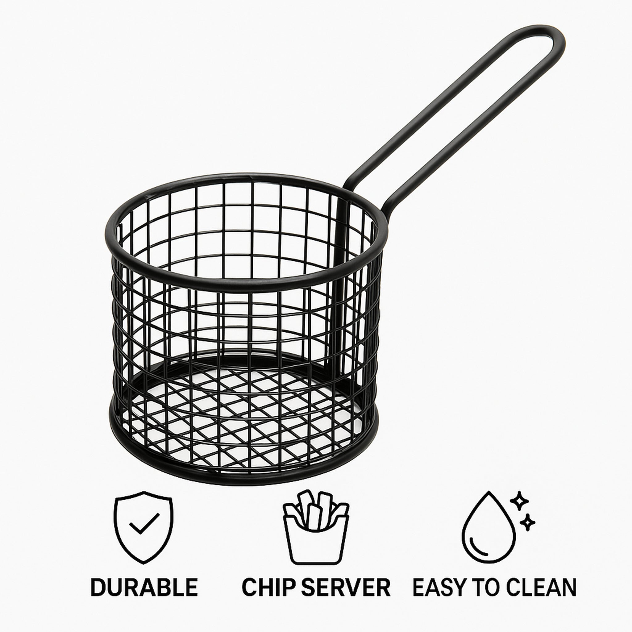 REGENT CHIP SERVER ROUND WIRE BASKET WITH HANDLE PC BLACK, 100MM DIA