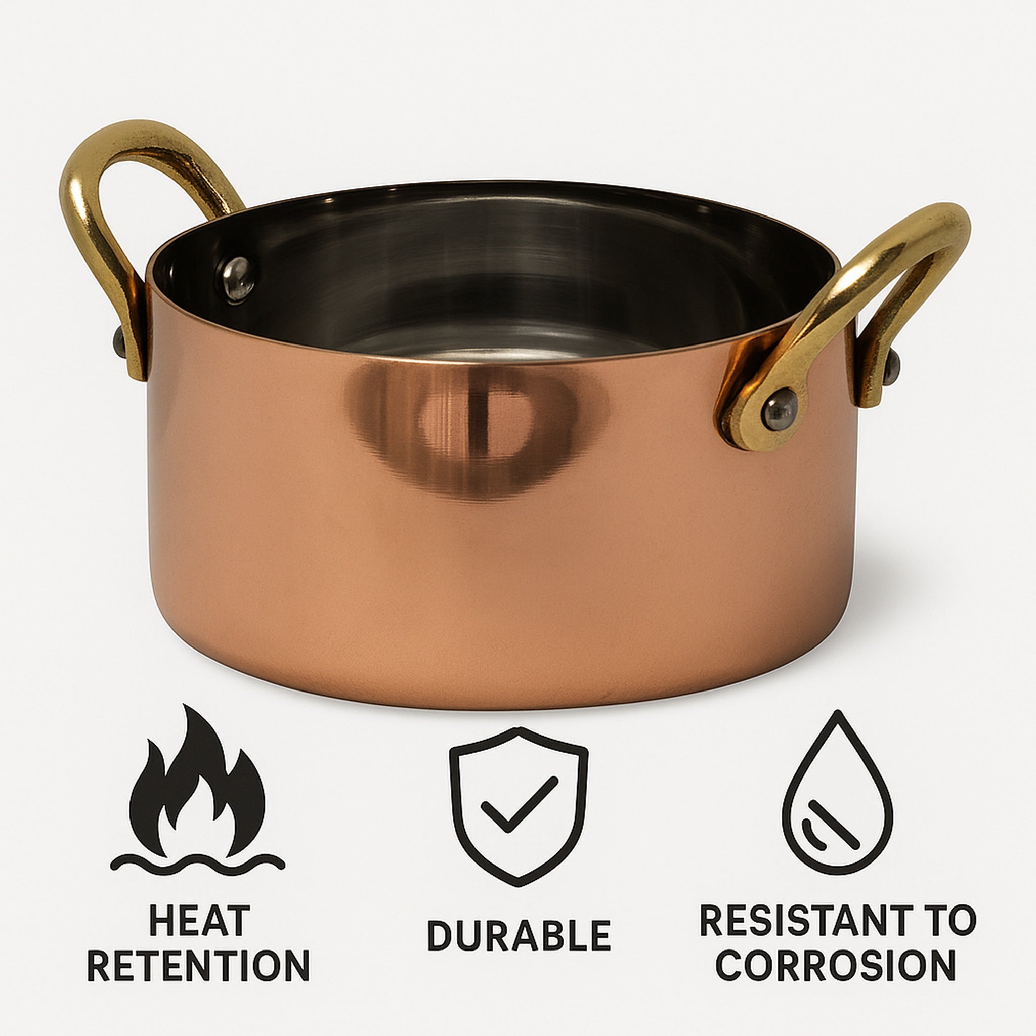 REGENT COOKWARE MINI POT ST STEEL CU PLATED WITH 2 BRASS HANDLES, 350ML - 120/90MM DIAX52.5MM