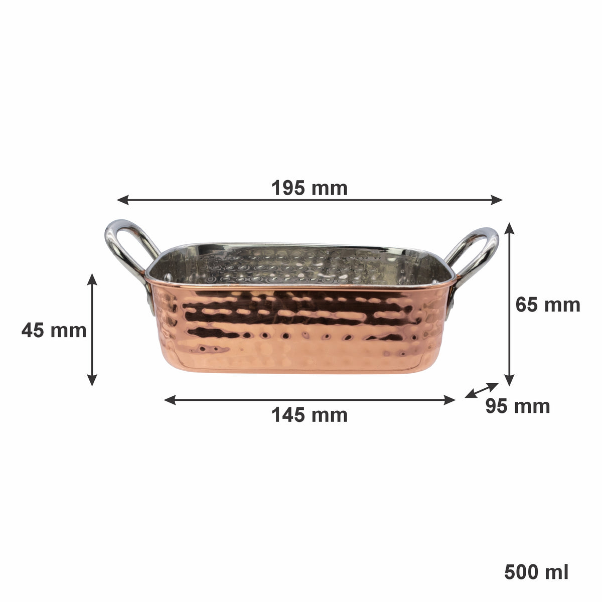 REGENT COOKWARE KARAHI ROASTER RECT.HAMMERED ST STEEL CU PLATED + HANDLES, 500ML - 195/145X95X45MM