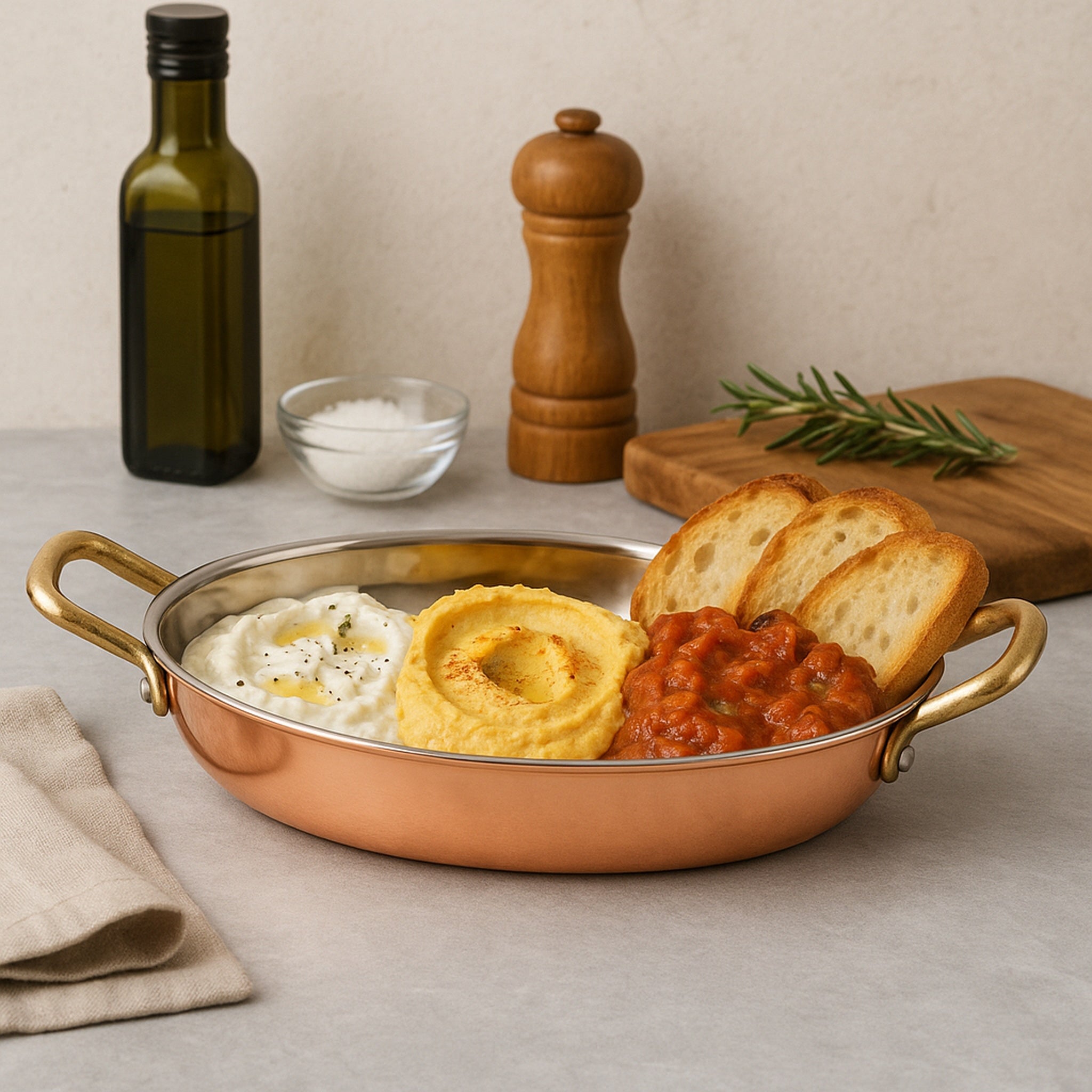 REGENT COOKWARE OVAL PAN ST STEEL COPPER PLATED WITH 2 BRASS HANDLES, 500ML - 225/185X135X32.5MM