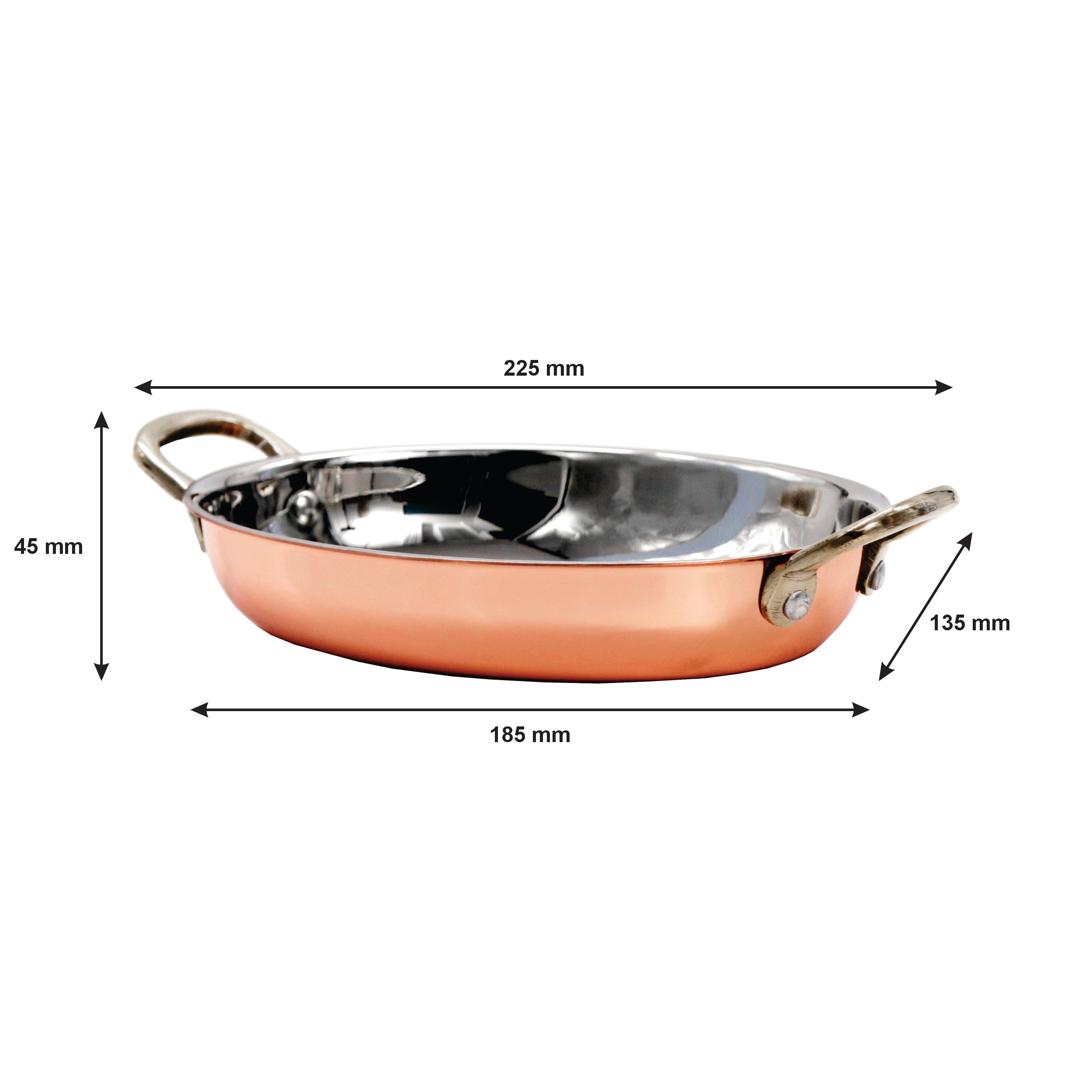 REGENT COOKWARE OVAL PAN ST STEEL COPPER PLATED WITH 2 BRASS HANDLES, 500ML - 225/185X135X32.5MM