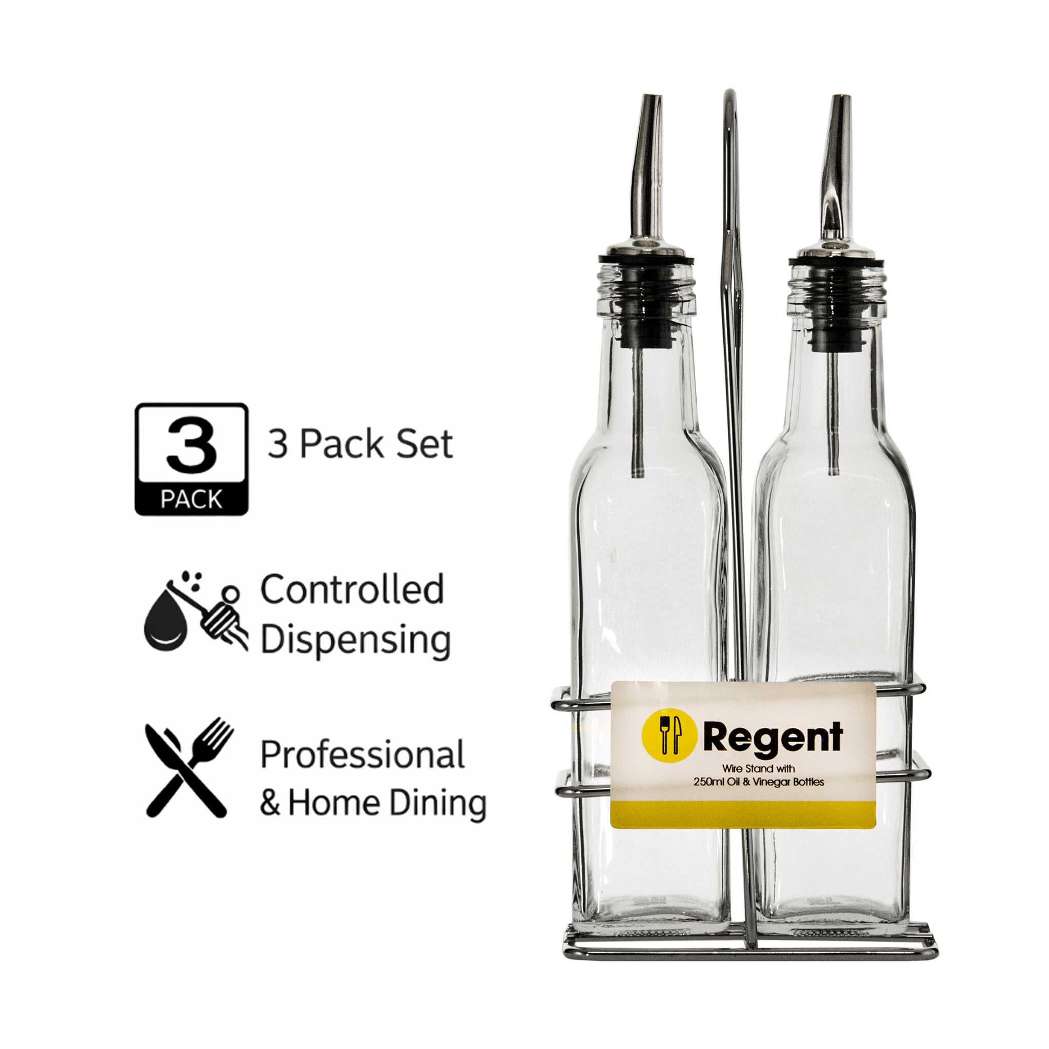 REGENT TALL SQUARE OIL & VINEGAR BOTTLES WITH POURERS ON WIRE STAND 3PCS SET, 250ML