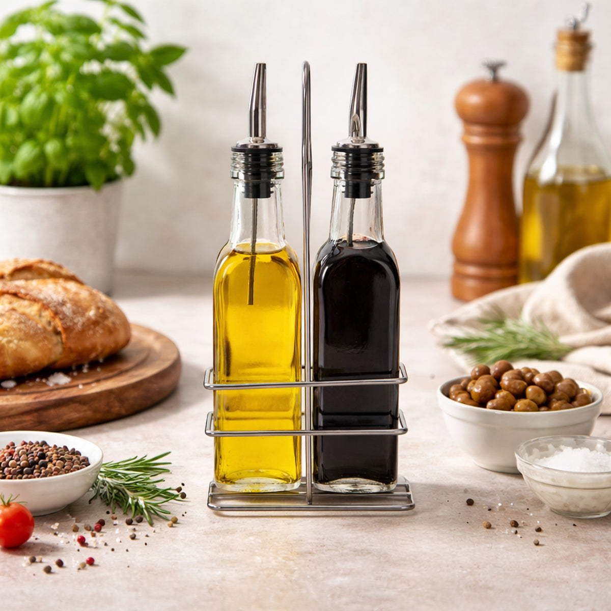 REGENT TALL SQUARE OIL & VINEGAR BOTTLES WITH POURERS ON WIRE STAND 3PCS SET, 250ML