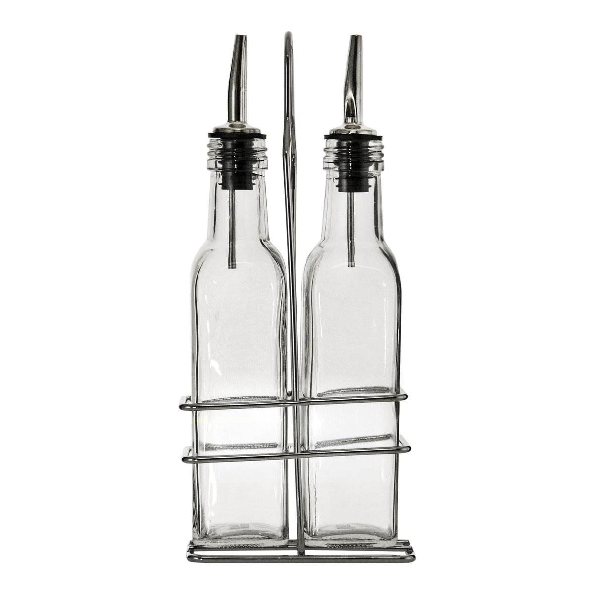 REGENT TALL SQUARE OIL & VINEGAR BOTTLES WITH POURERS ON WIRE STAND 3PCS SET, 250ML