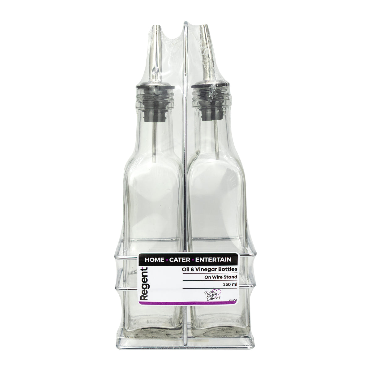 REGENT TALL SQUARE OIL & VINEGAR BOTTLES WITH POURERS ON WIRE STAND 3PCS SET, 250ML