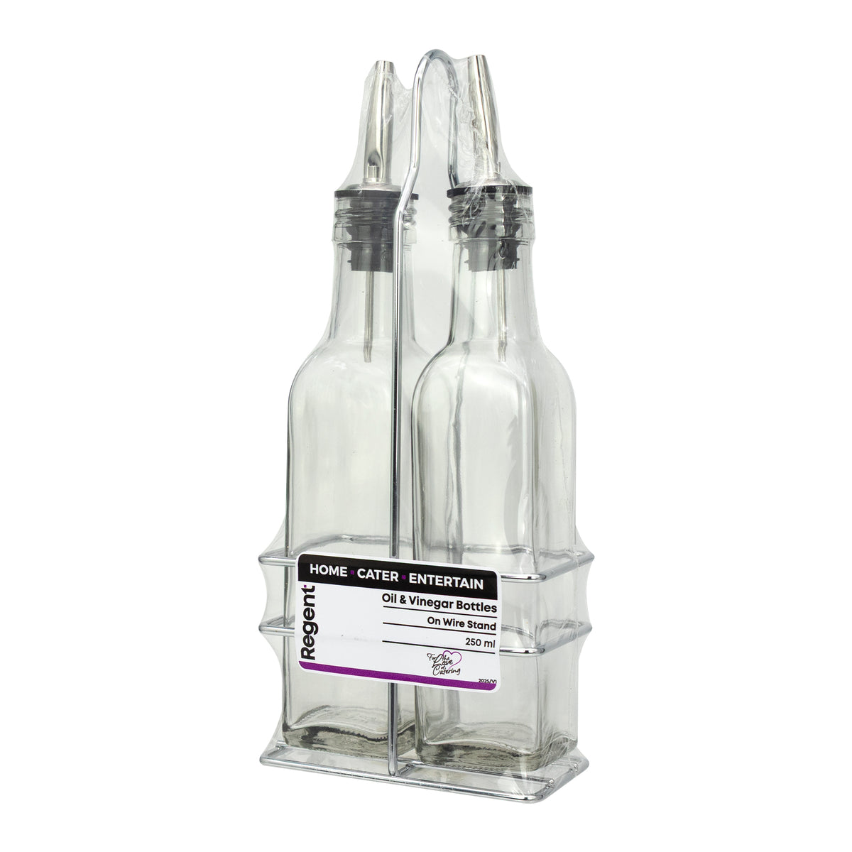 REGENT TALL SQUARE OIL & VINEGAR BOTTLES WITH POURERS ON WIRE STAND 3PCS SET, 250ML