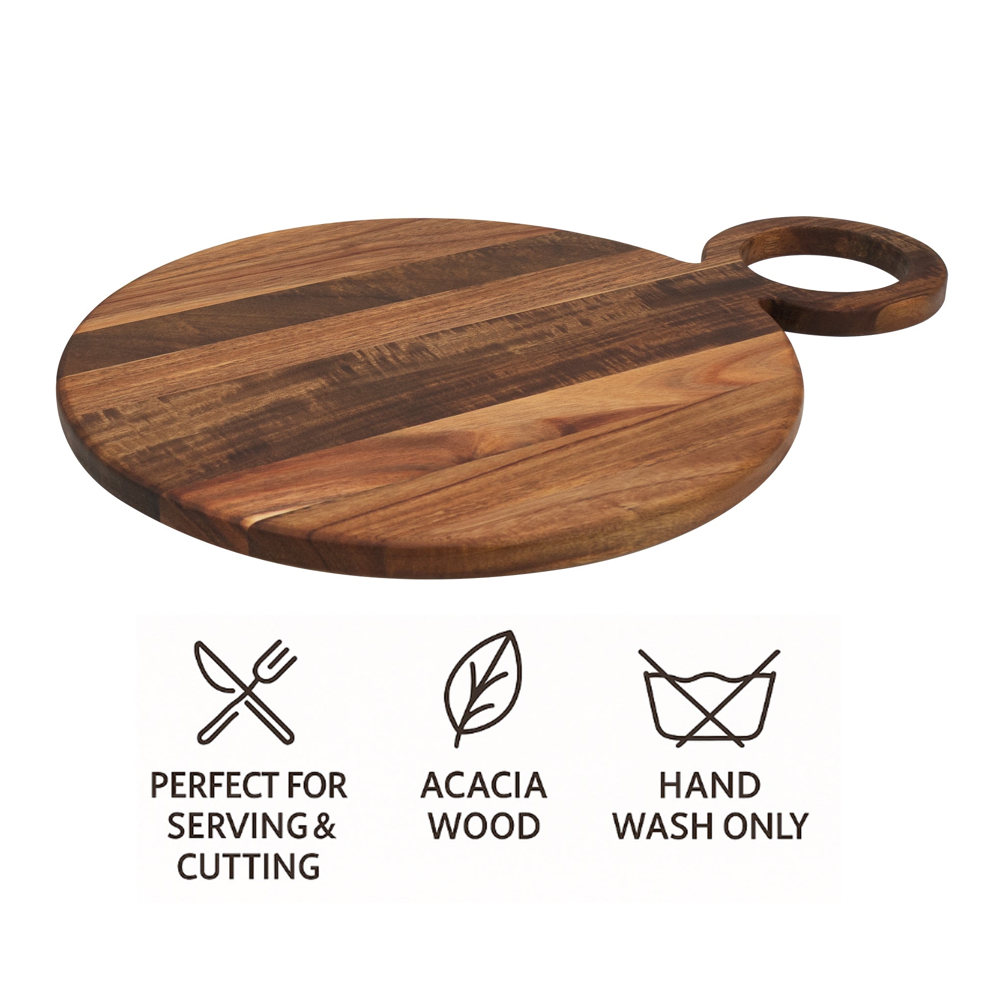 REGENT ACACIA WOOD ROUND SERVING BOARD WITH RING HANDLE, 440X320MM DIA