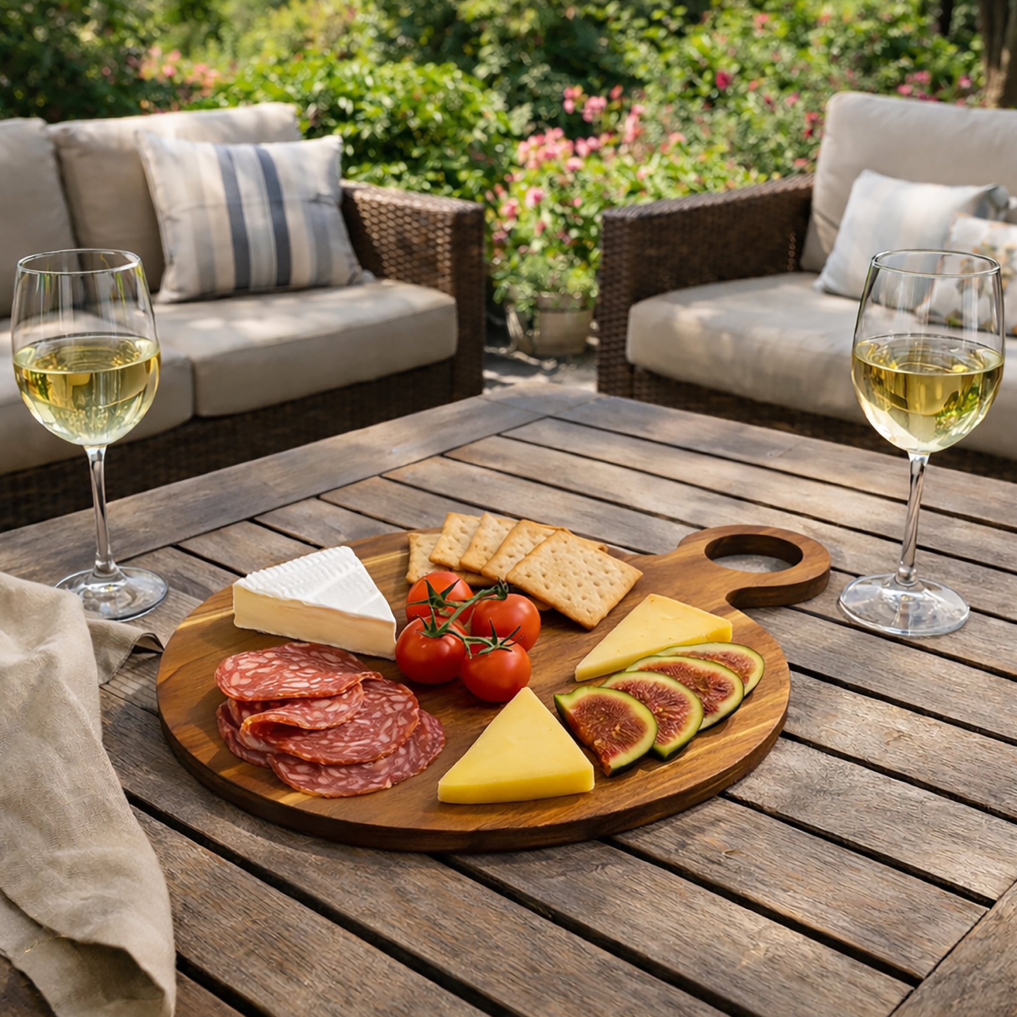 REGENT ACACIA WOOD ROUND SERVING BOARD WITH RING HANDLE, 440X320MM DIA