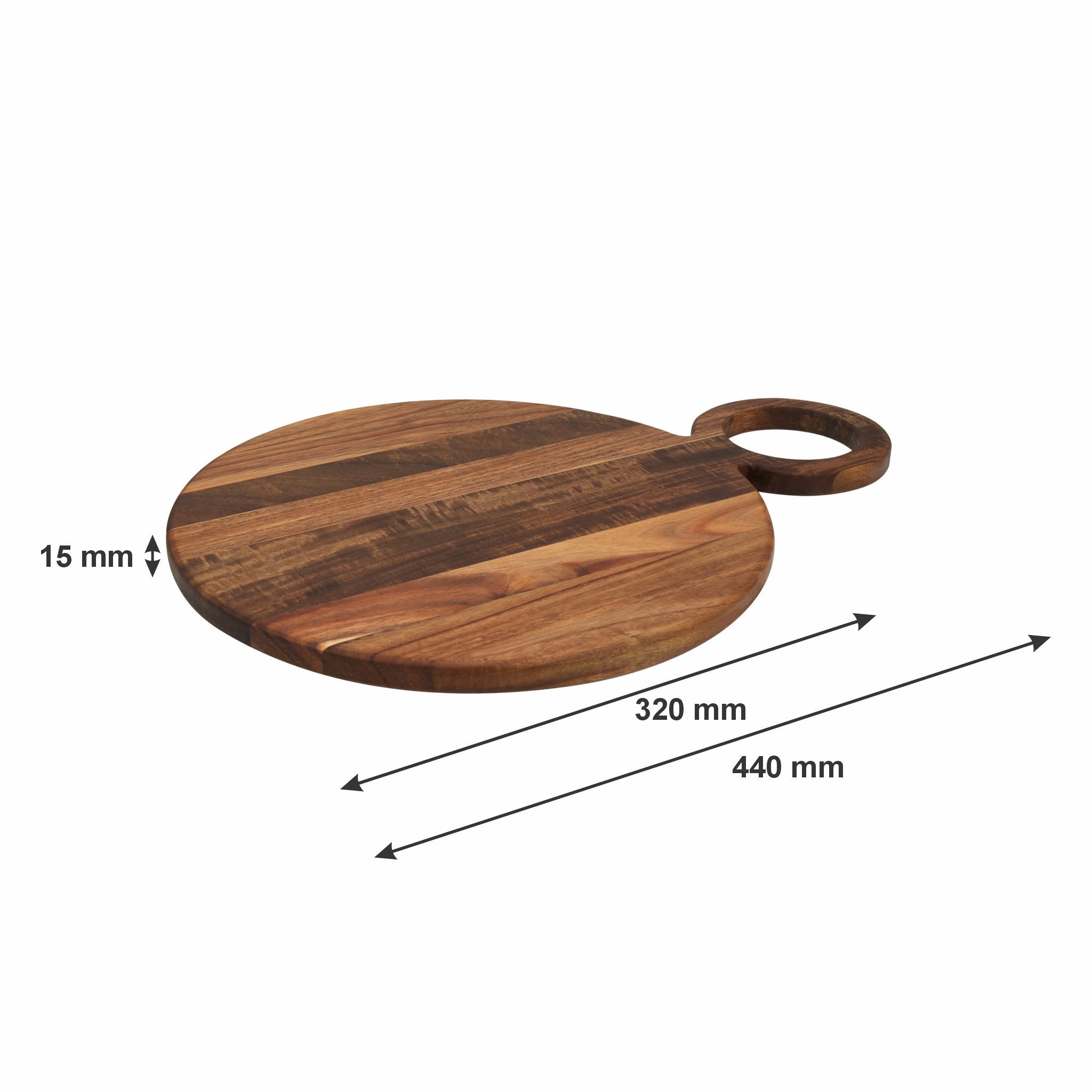 REGENT ACACIA WOOD ROUND SERVING BOARD WITH RING HANDLE, 440X320MM DIA