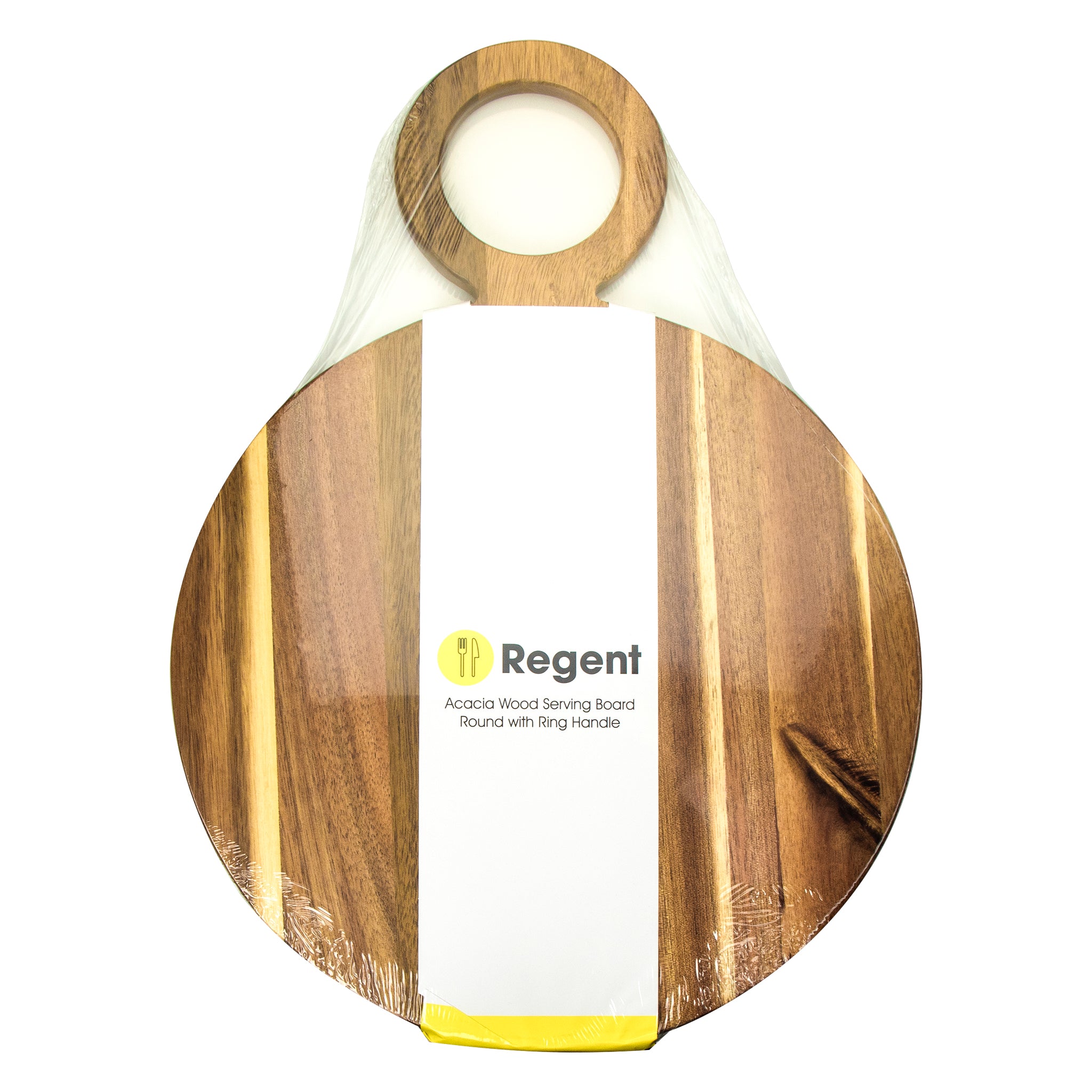 REGENT ACACIA WOOD ROUND SERVING BOARD WITH RING HANDLE, 440X320MM DIA