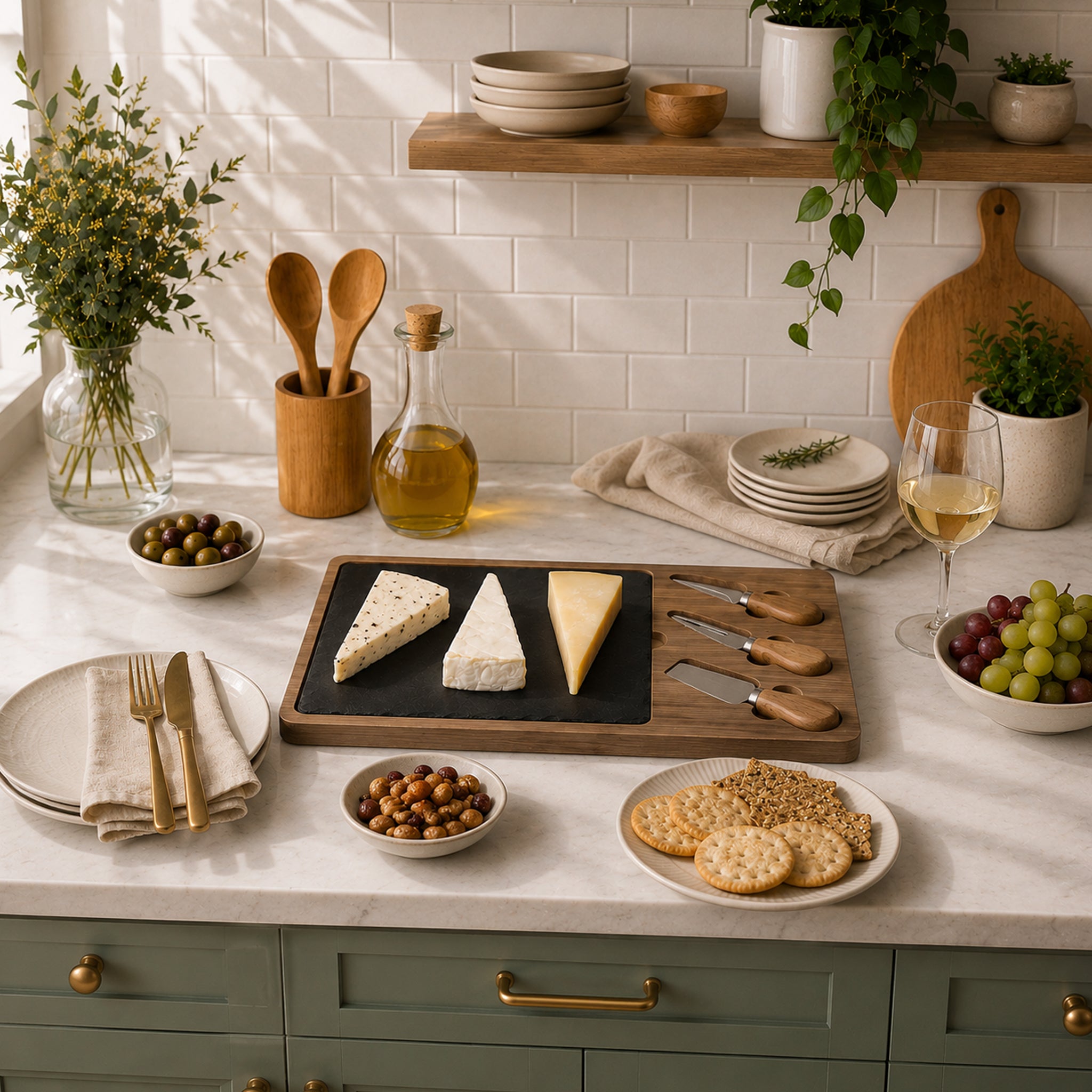 REGENT BAMBOO CHEESE AND SLATE BOARD WITH 3 CHEESE TOOLS 5PC SET, 360X240MM