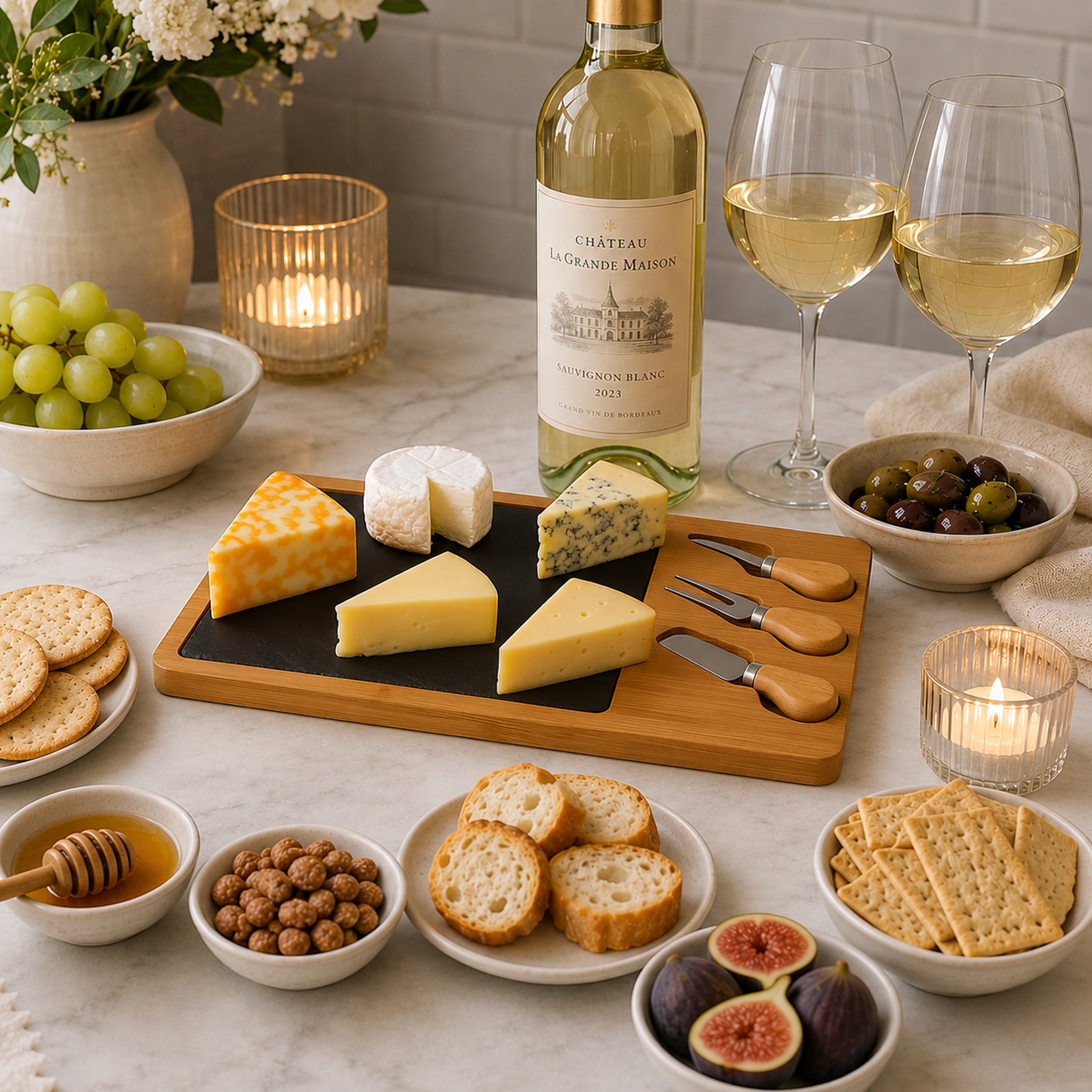 REGENT BAMBOO CHEESE AND SLATE BOARD WITH 3 CHEESE TOOLS 5PC SET, 360X240MM