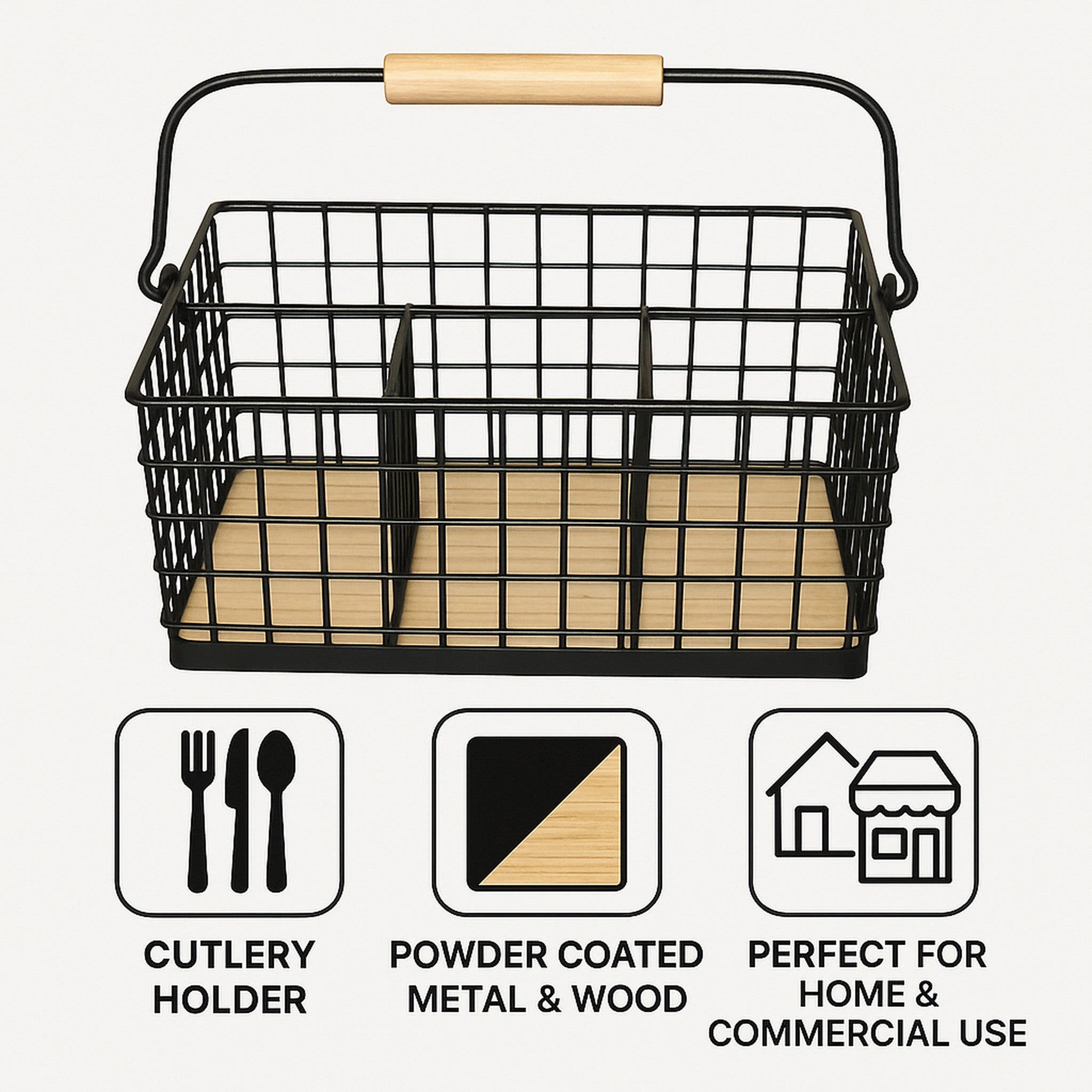 REGENT KITCHEN CUTLERY CADDY BLACK WIRE & WOOD, 230X160MM