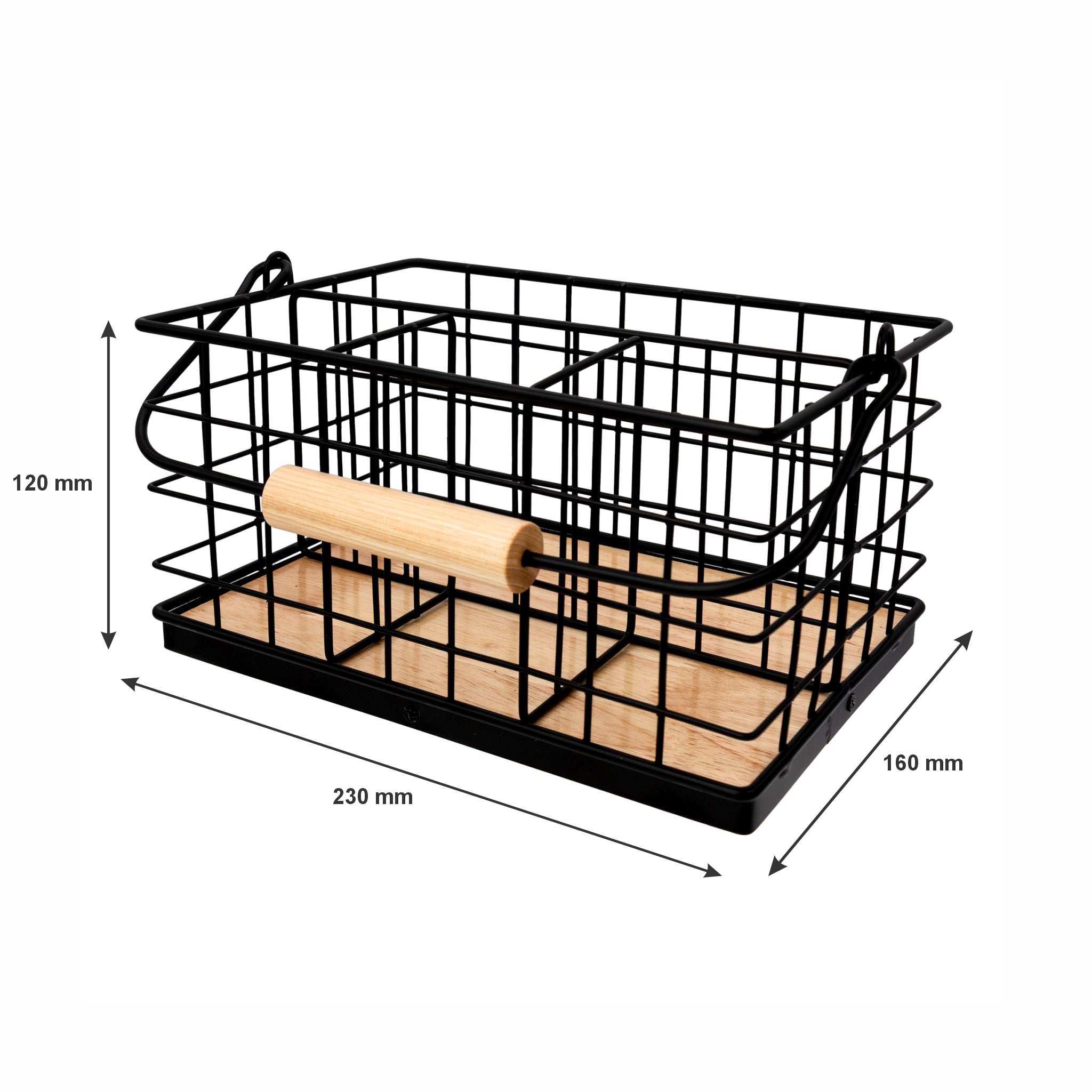 REGENT KITCHEN CUTLERY CADDY BLACK WIRE & WOOD, 230X160MM