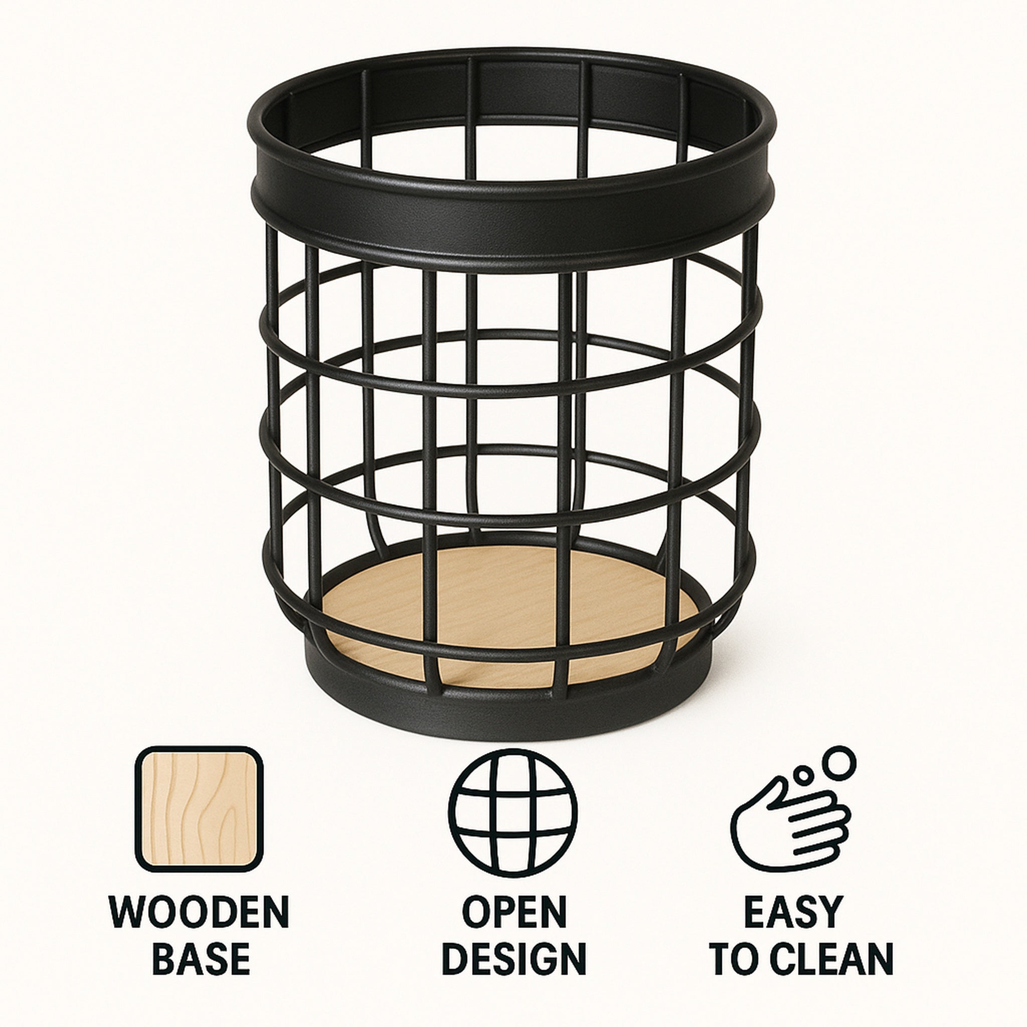 REGENT KITCHEN UTENSIL HOLDER BLACK WIRE & WOOD, 140MM DIA