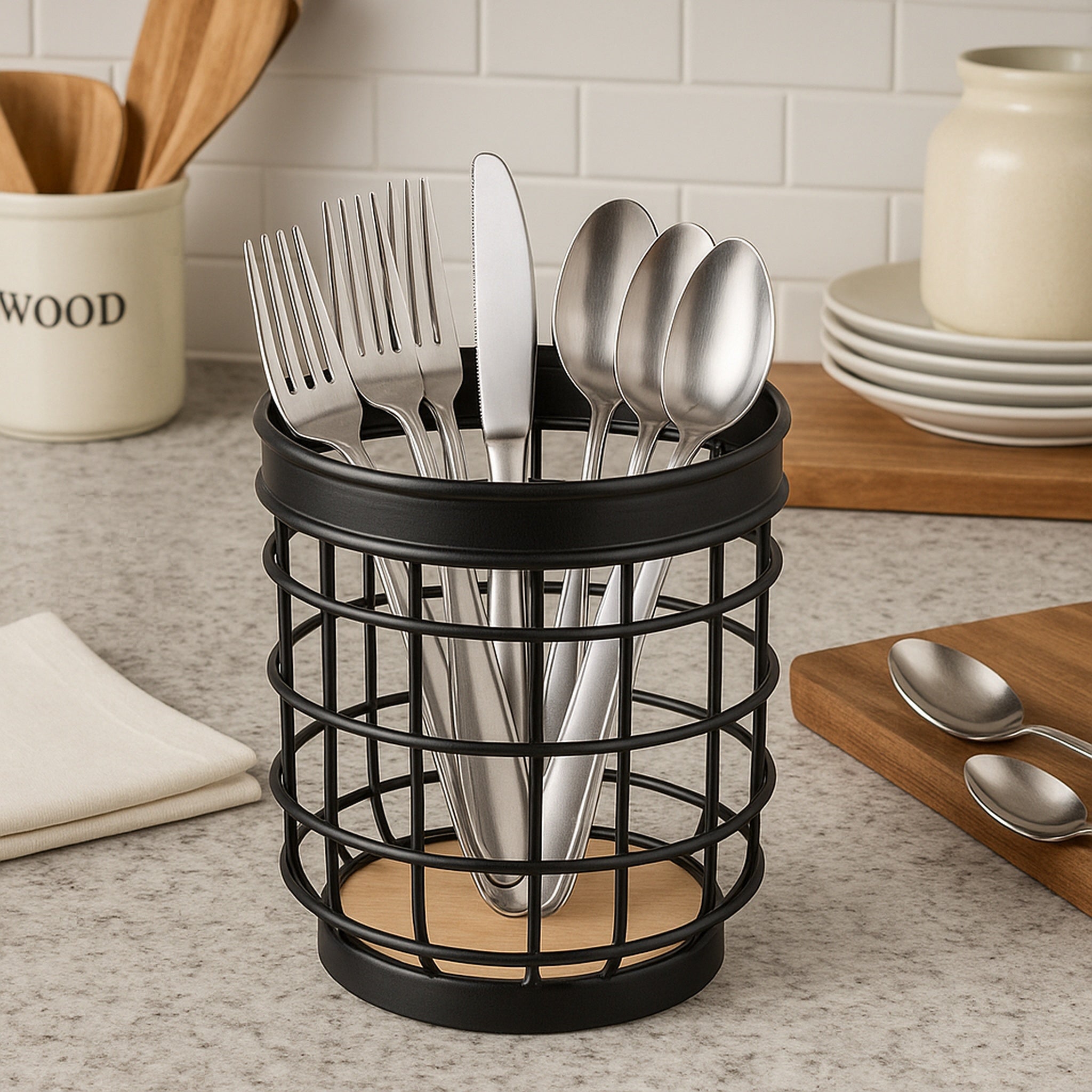 REGENT KITCHEN UTENSIL HOLDER BLACK WIRE & WOOD, 140MM DIA