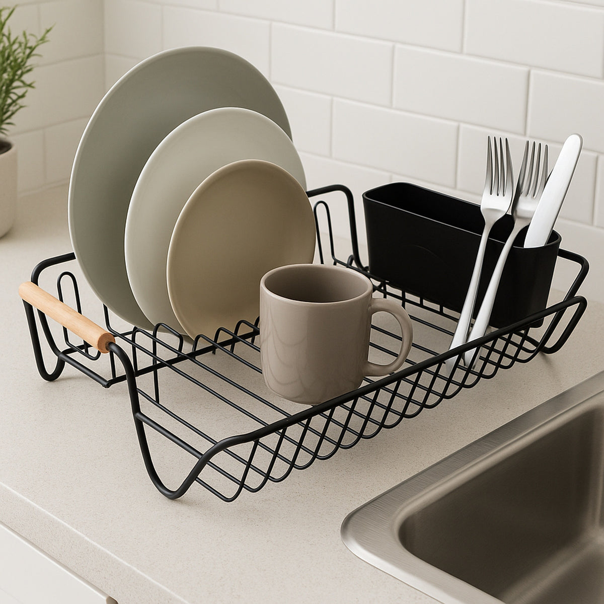 REGENT KITCHEN WIRE DISH RACK POWDER COATED BLACK WITH WOODEN HANDLES, 510X335MM