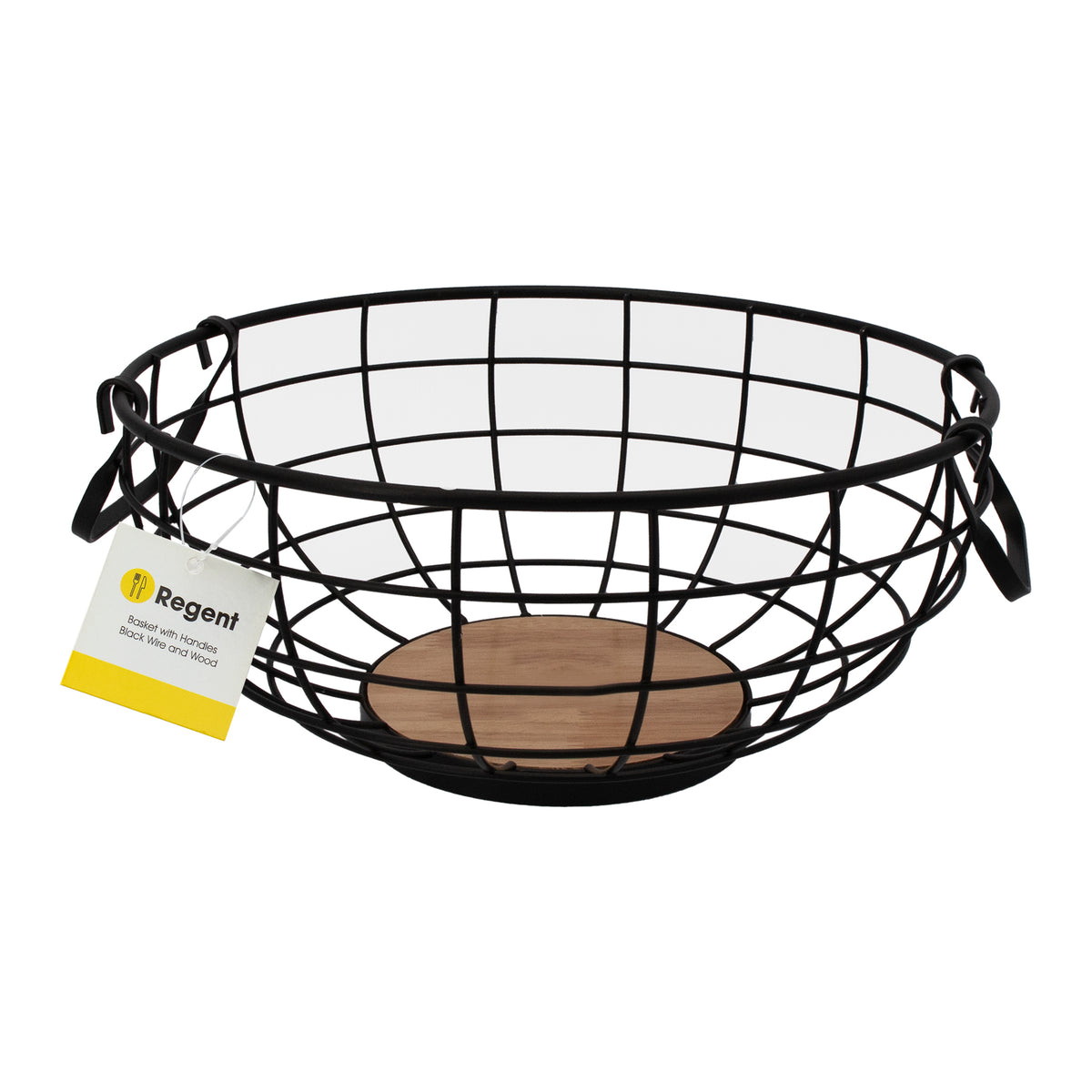 REGENT KITCHEN FRUIT BASKET WITH HANDLES BLACK WIRE AND WOOD, 280MM DIA