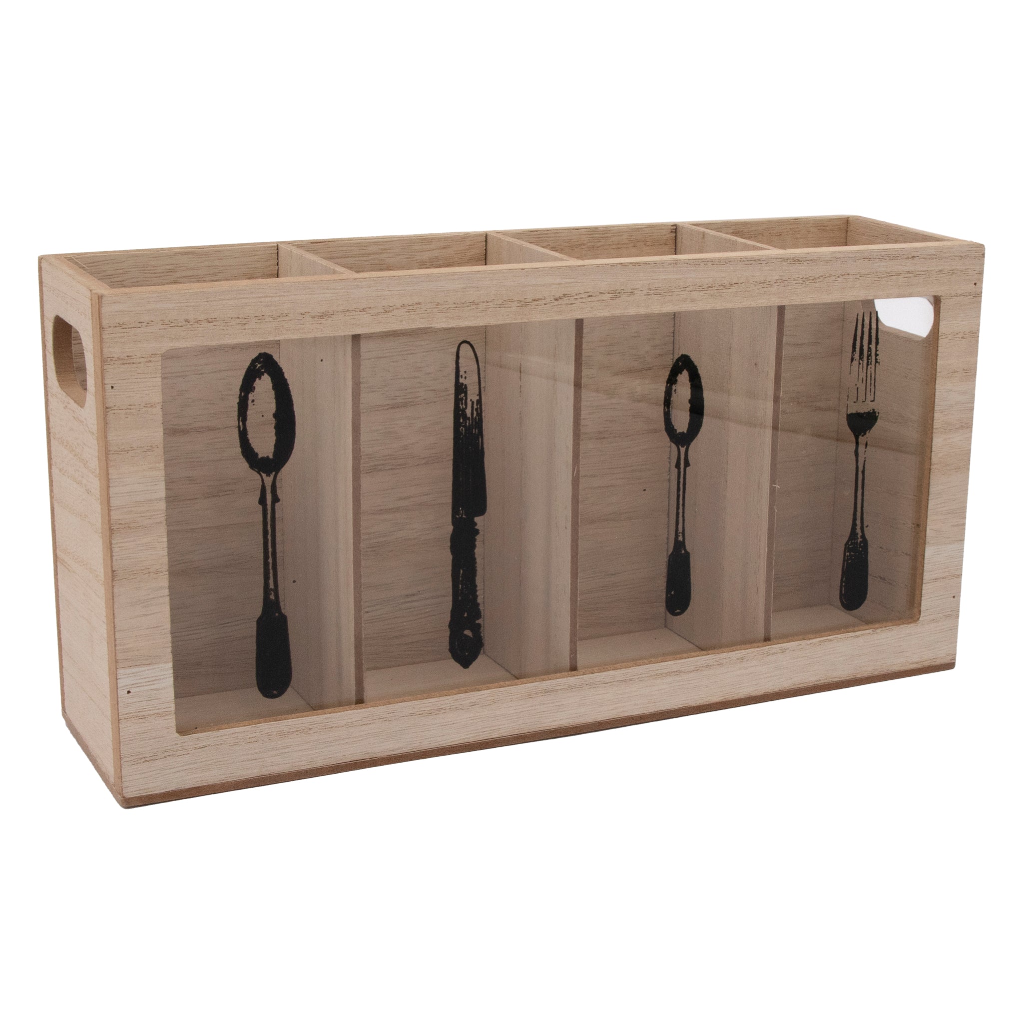 REGENT KITCHEN CUTLERY HOLDER 4 DIVISION WOOD AND GLASS WITH MOTIFS, 295X80MM