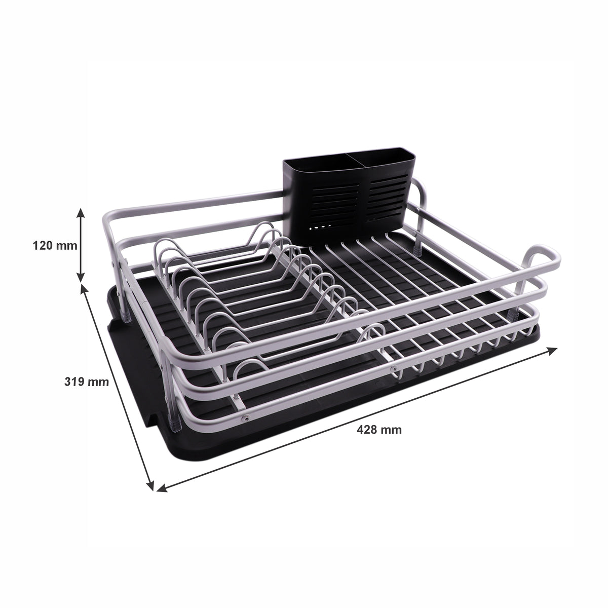 DISH RACK SILVER ALUMINIUM WITH BLACK PLASTIC UTENSIL HOLDER & TRAY, 428X318MM