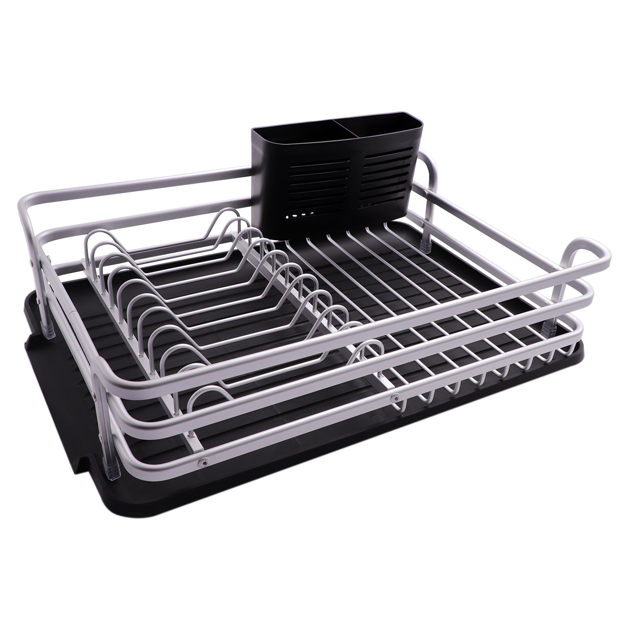 DISH RACK SILVER ALUMINIUM WITH BLACK PLASTIC UTENSIL HOLDER & TRAY, 428X318MM