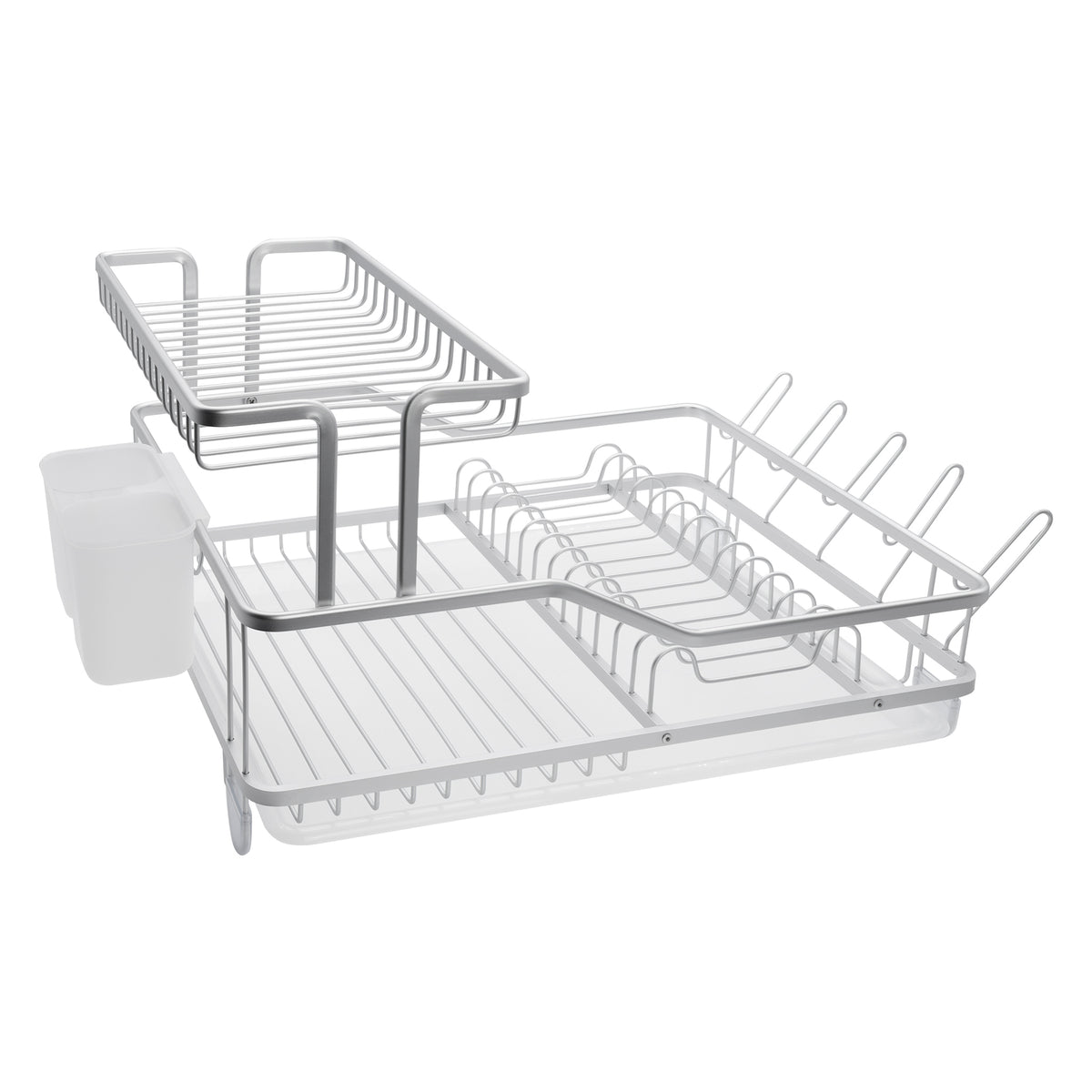 DOUBLE DISH RACK SILVER ALUMINIUM WITH OPAQUE PLASTIC UTENSIL HOLDER AND TRAY,