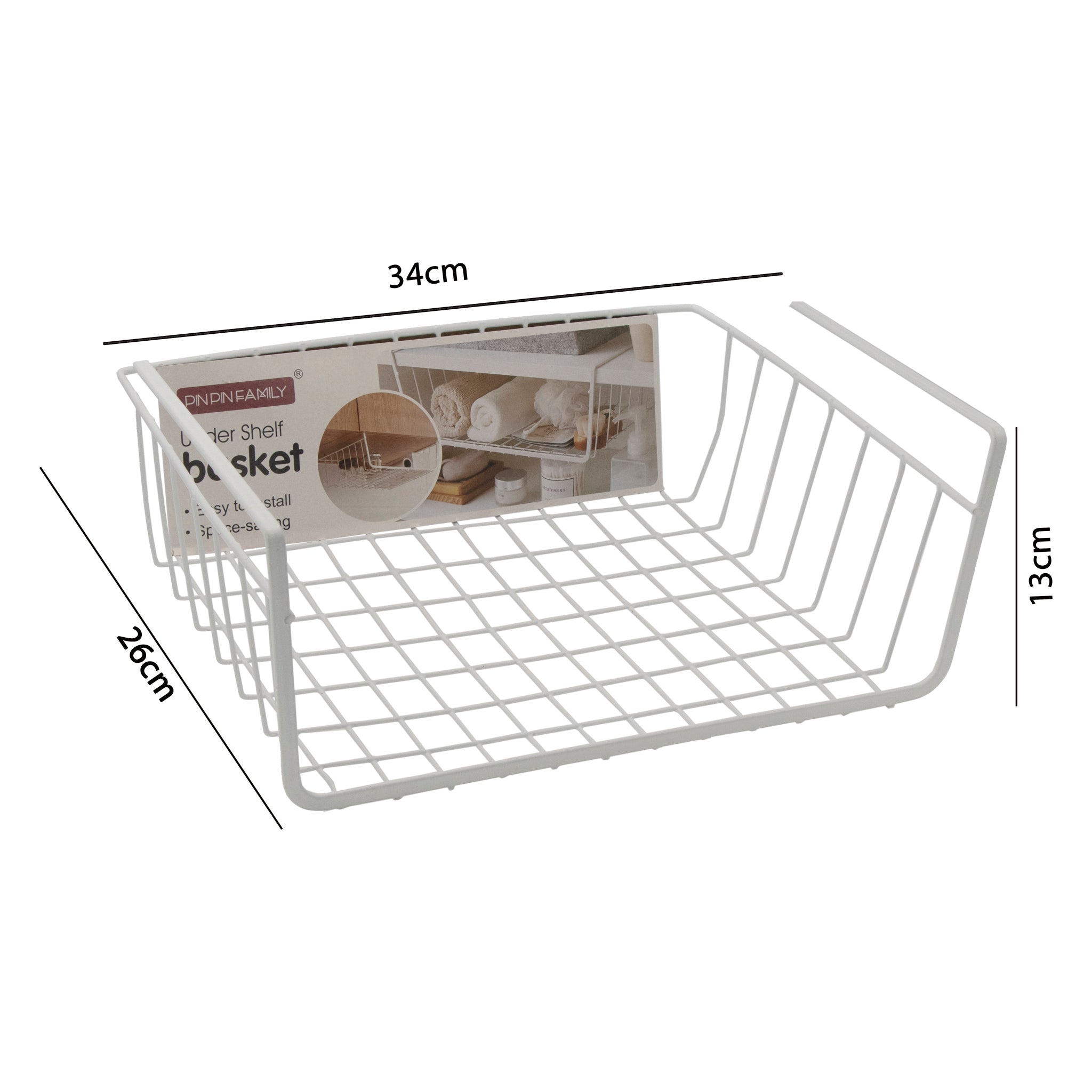 KITCHEN UNDER SHELF WIRE BASKET WHITE, 340X260X130MM