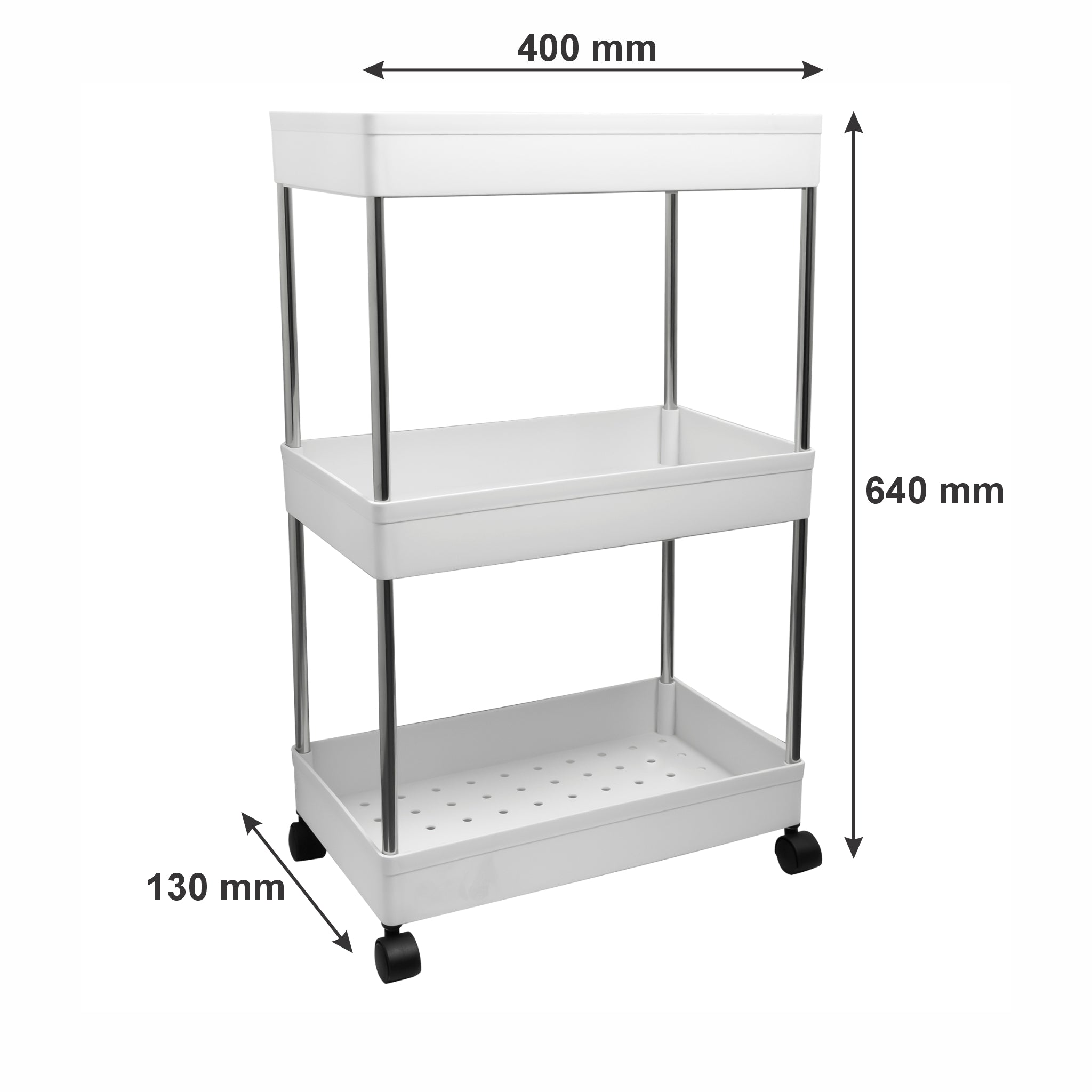 STORAGE RACK 3 SHELF WHITE ON SWIVEL WHEELS PP PLASTIC AND ST STEEL, 400X200MM