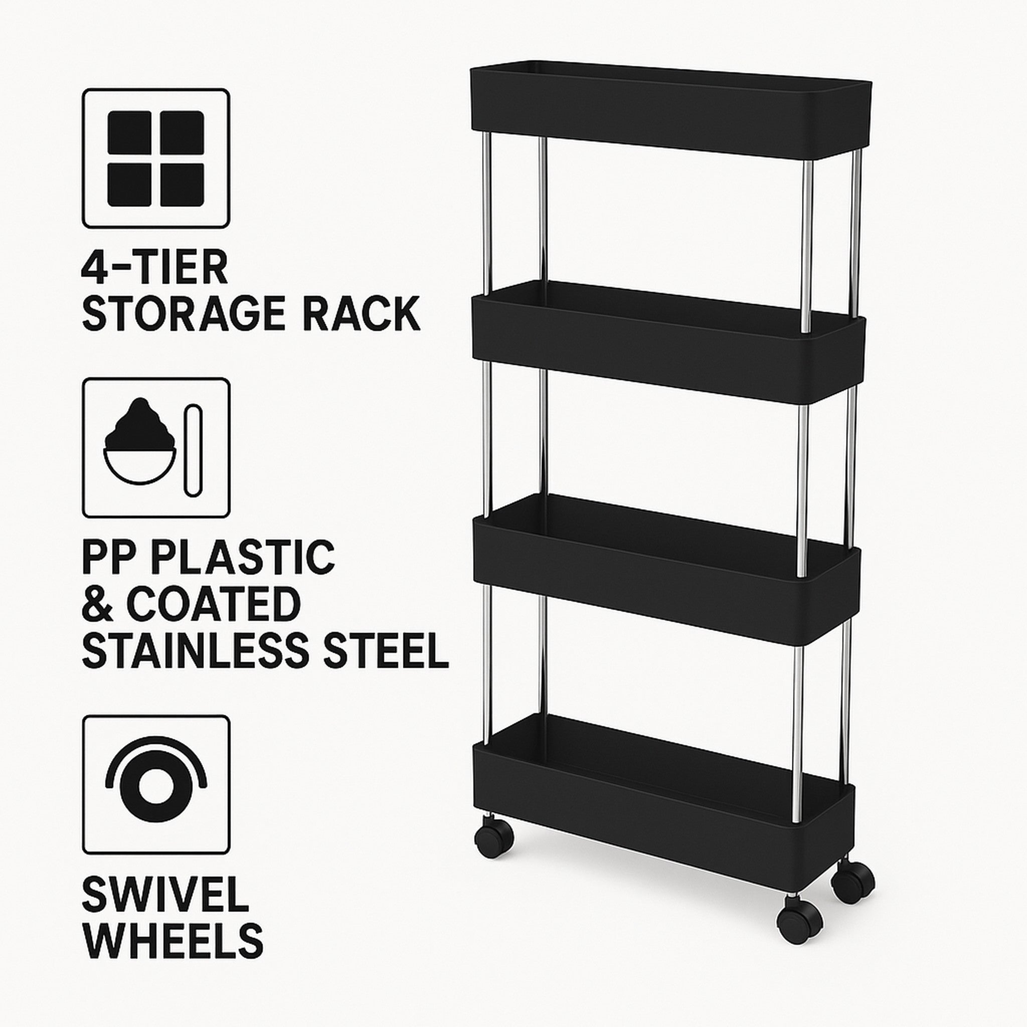 STORAGE RACK 4 SHELF BLACK ON SWIVEL WHEELS PP AND ST STEEL, 400X200MM