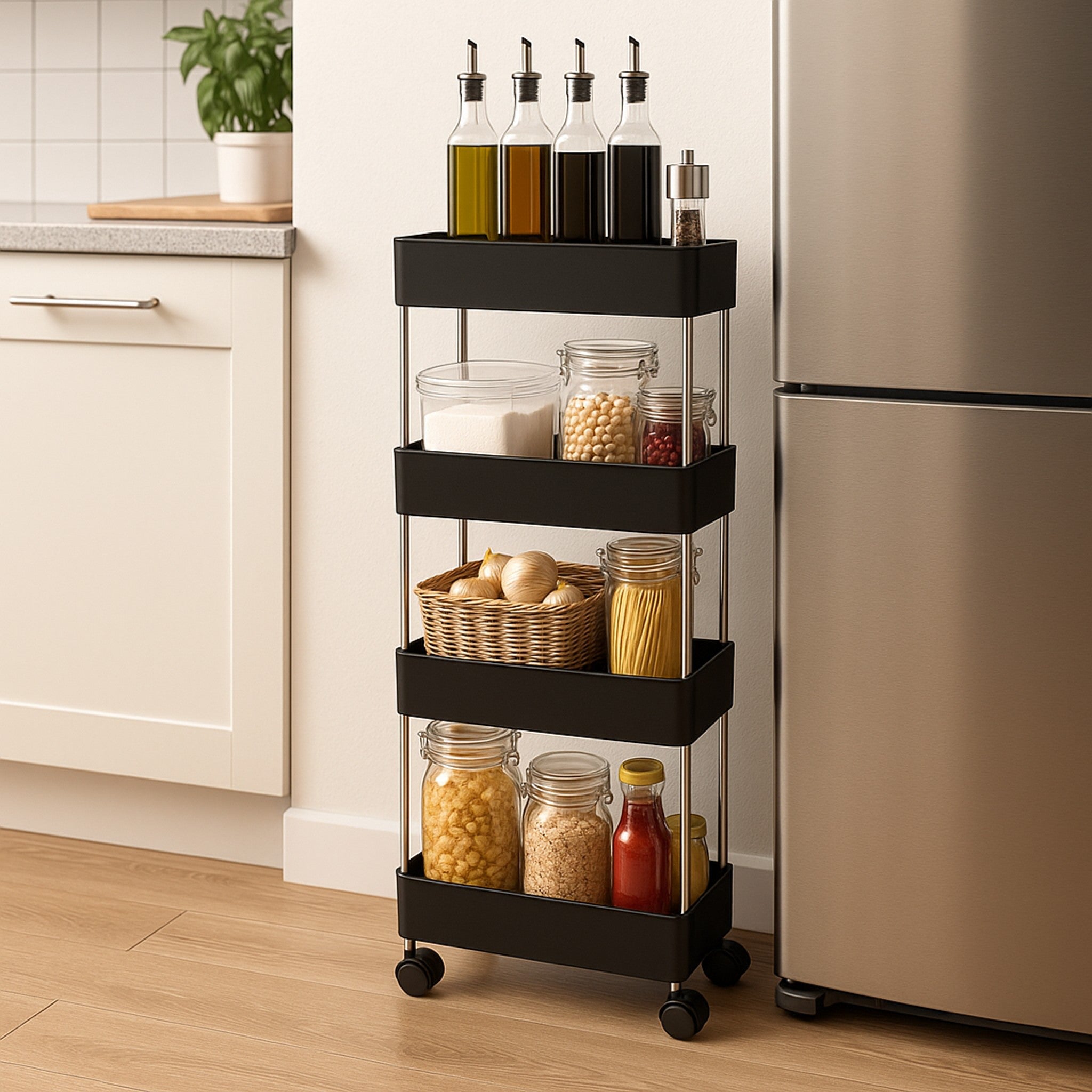 STORAGE RACK 4 SHELF BLACK ON SWIVEL WHEELS PP AND ST STEEL, 400X200MM