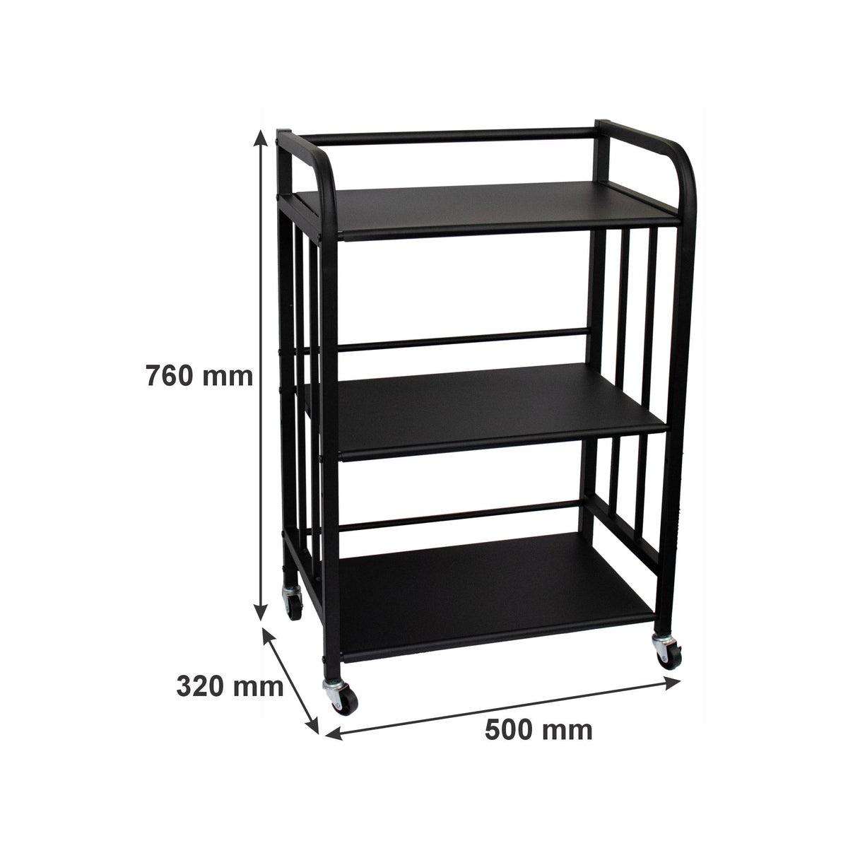 STORAGE RACK MULTI PURPOSE 3 SHELF BLACK P.C. METAL ON CASTERS, 500X320X760MM