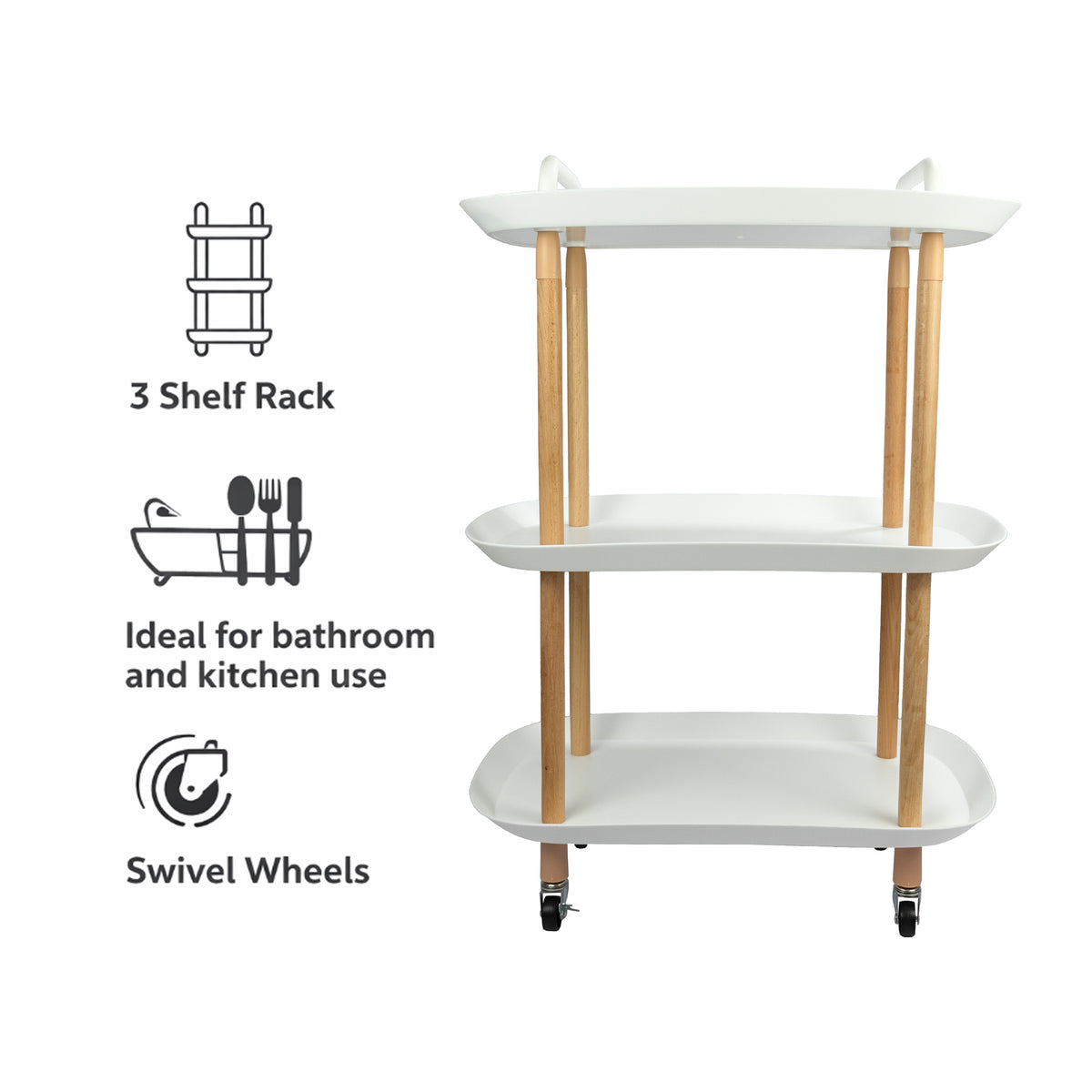 STORAGE RACK 3 SHELF WHITE PLASTIC AND WOOD ON CASTERS, 575X360MM