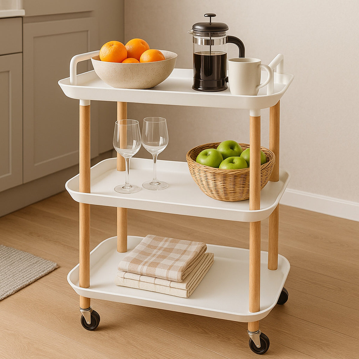 STORAGE RACK 3 SHELF WHITE PLASTIC AND WOOD ON CASTERS, 575X360MM
