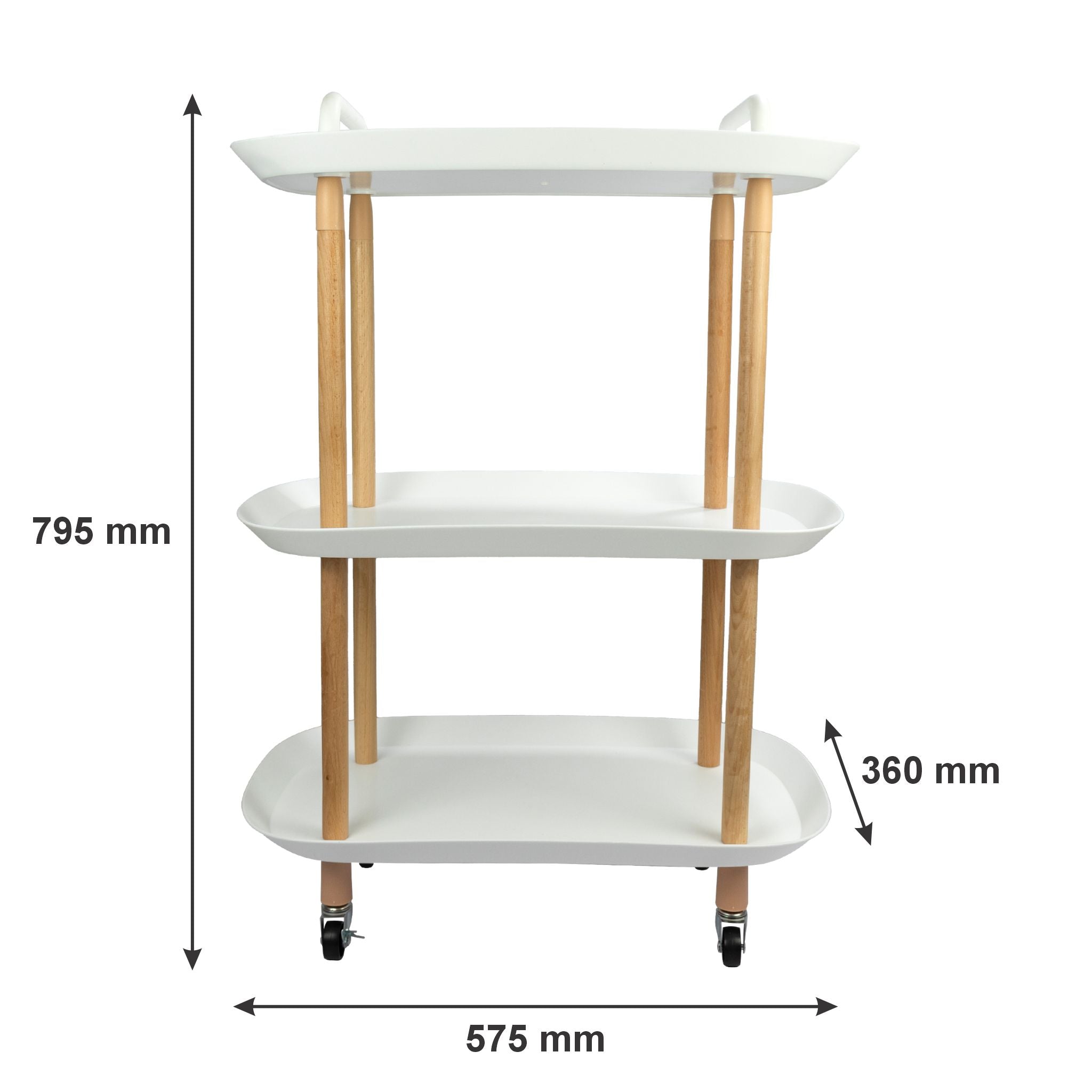 STORAGE RACK 3 SHELF WHITE PLASTIC AND WOOD ON CASTERS, 575X360MM
