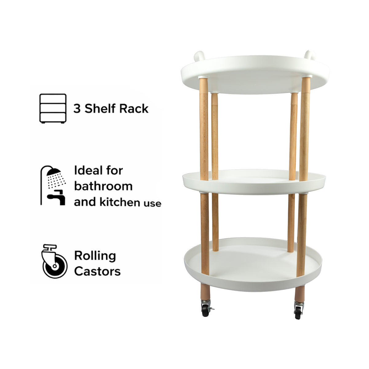 STORAGE RACK ROUND 3 SHELF WHITE PLASTIC AND WOOD ON CASTERS, 810X475MM DIA